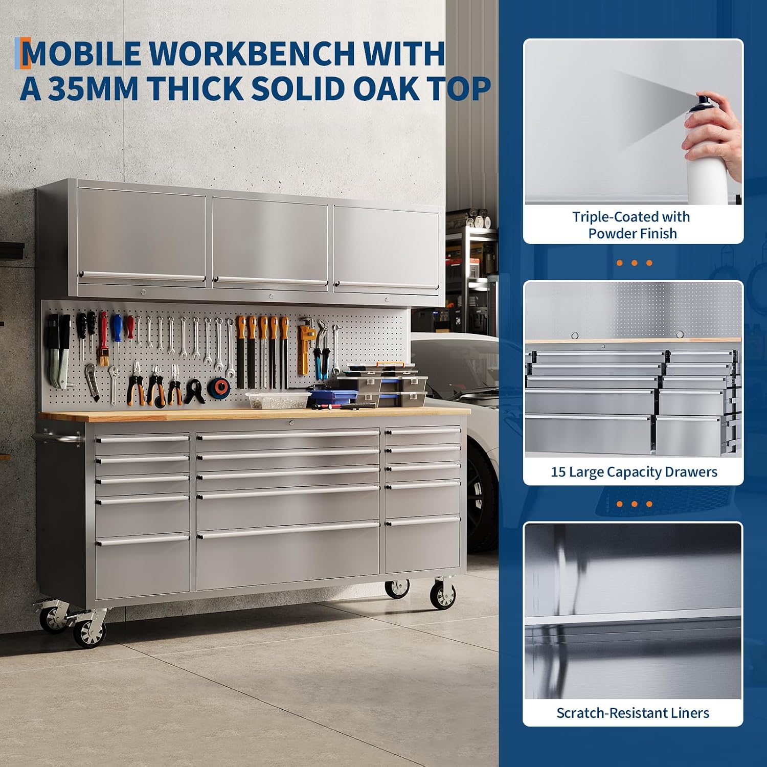 72" Heavy-Duty Rolling Tool Chest & Workbench with 15 Drawers, Steel Rubber Wood Top on Wheels, Key Locking System, Drawer Liners for Garage Warehouse Repair Shop, Black Storage Cabinet.