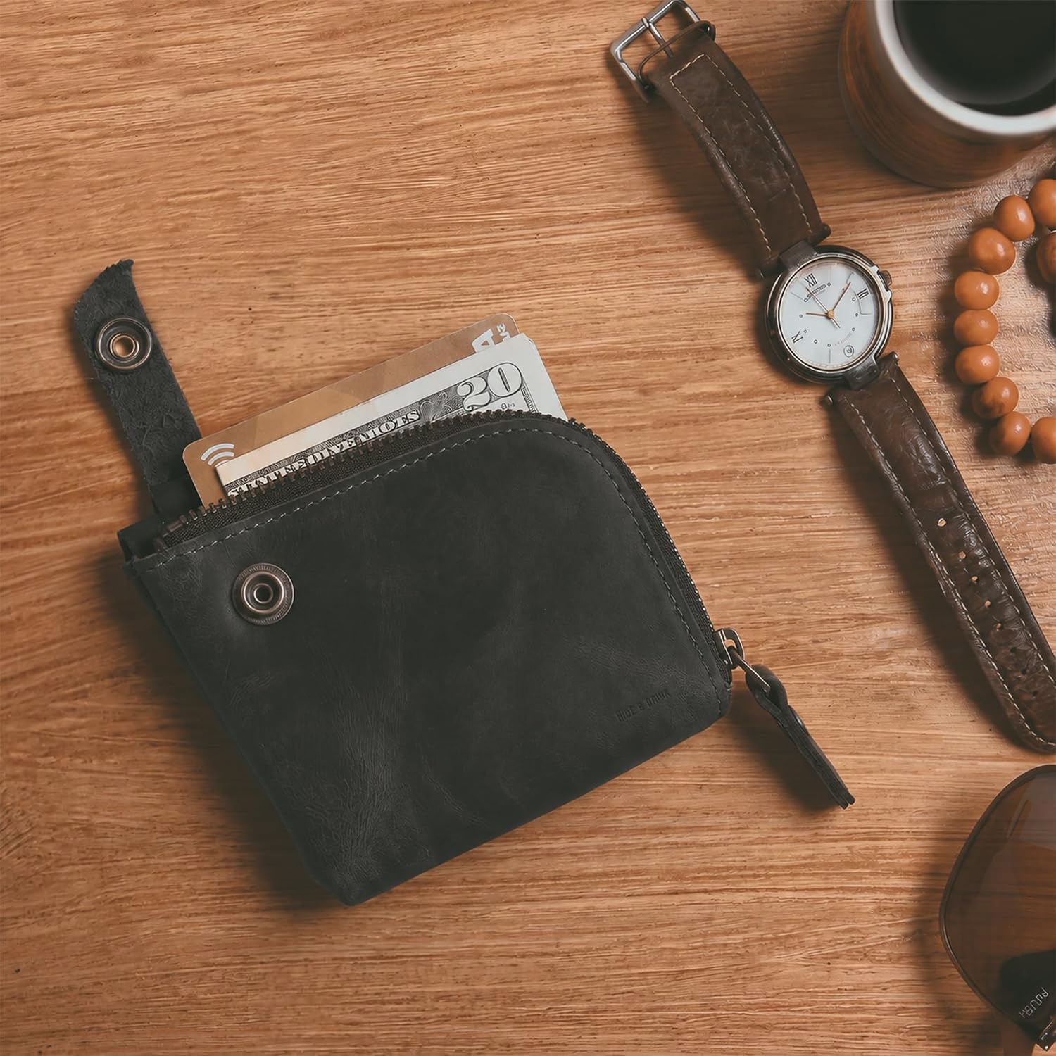 Hide & Drink, Leather Zippered Wallet, Holds Up to 6 Cards Plus Folded Bills, Pouch Organizer, Cash Holder, Travel Essentials, Mini, Pocket-Size, Handmade (Bourbon Brown)