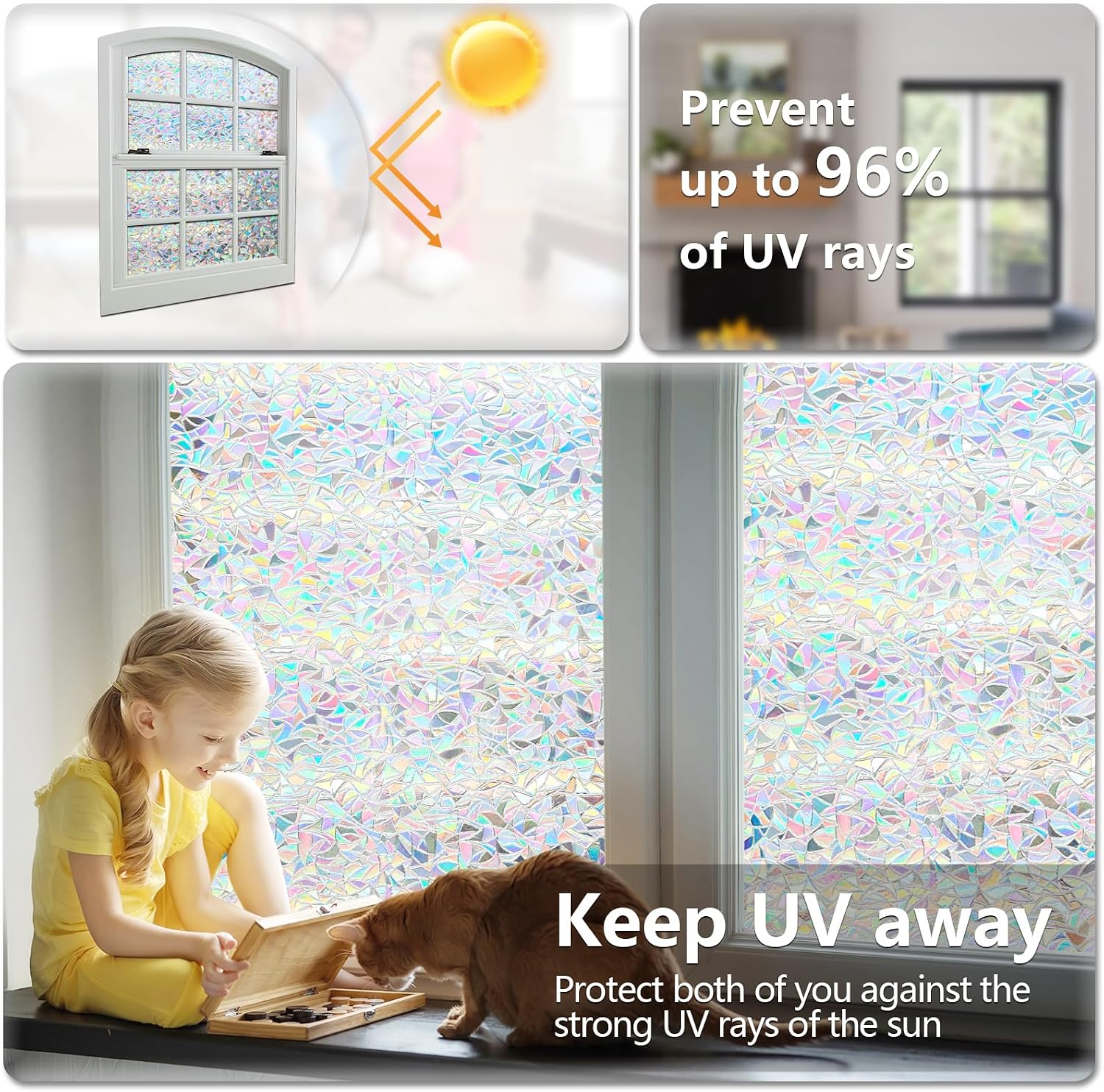 LEMON CLOUD Window Privacy Film, Rainbow Stained Glass Cling,17.5″ x 78.7″