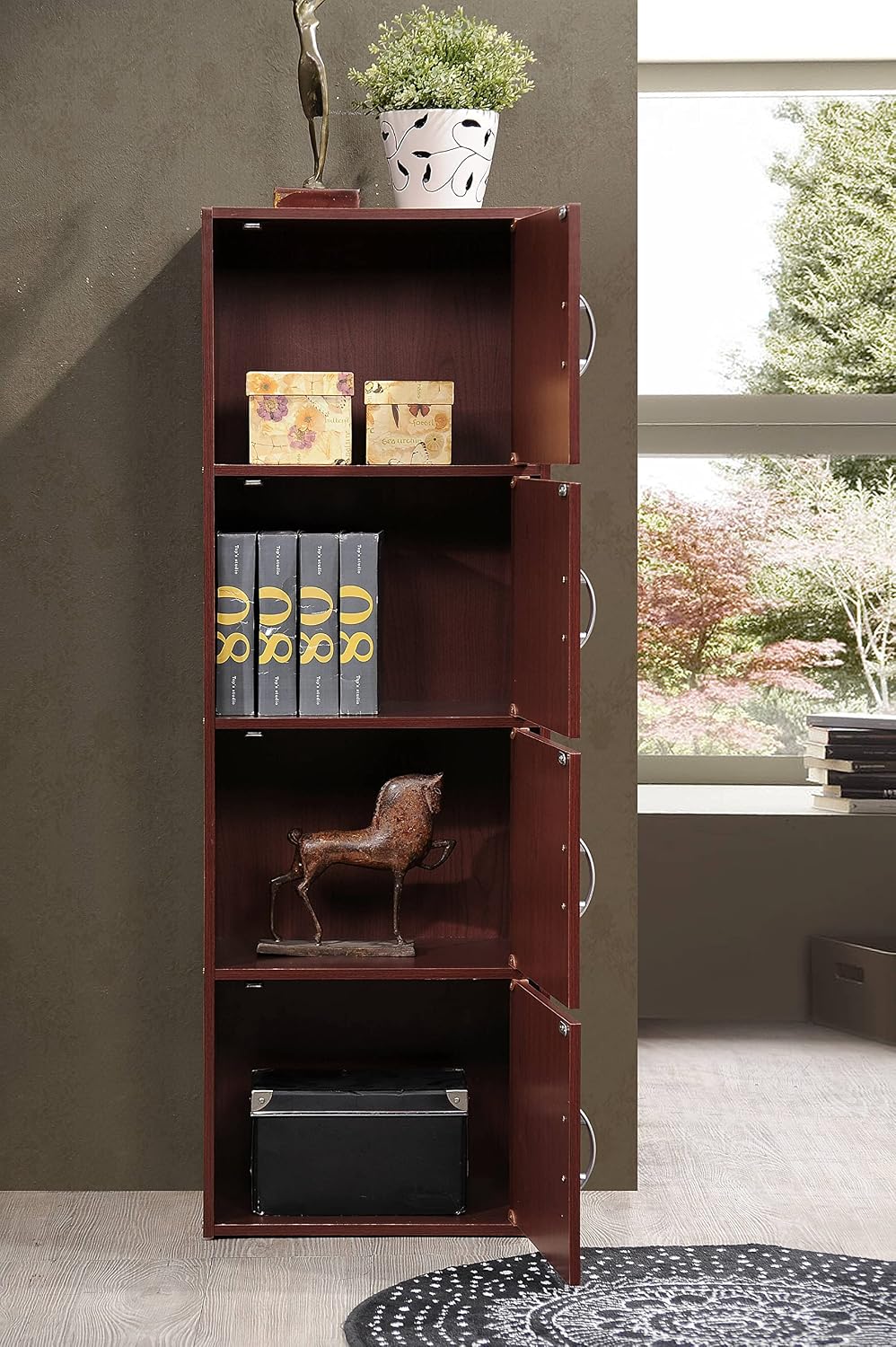 HODEDAH IMPORT 4-Shelf Bookcase Cabinet, Black
