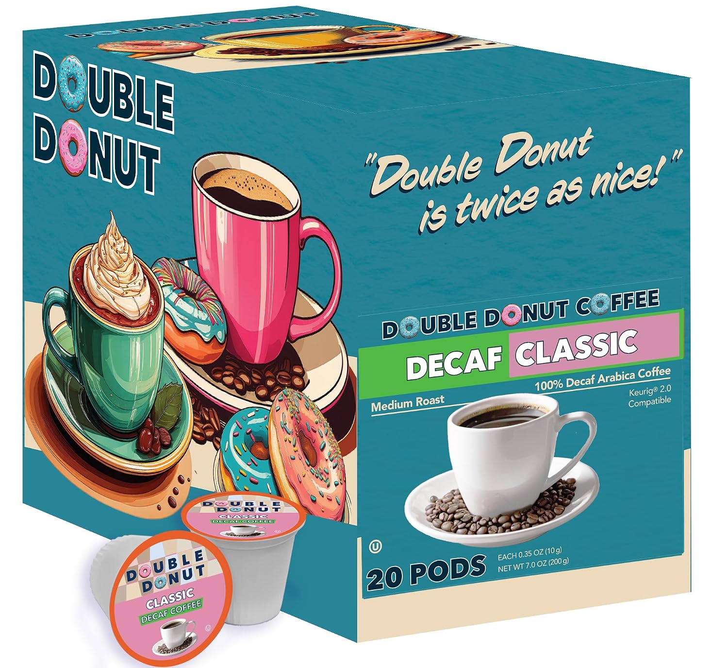 Double Donut Coffee Double Donut Medium Roast Decaf Coffee Pods, Classic, for Keurig K-Cup Machines, 24 Single-Serve Capsules per Box