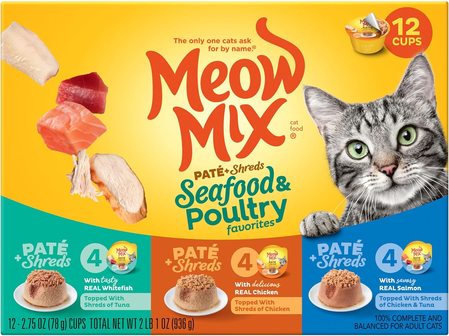 Meow Mix Paté & Shreds Wet Cat Food Variety Pack, Seafood & Poultry Favorites, 2.75 Ounce Cup (Pack of 12)