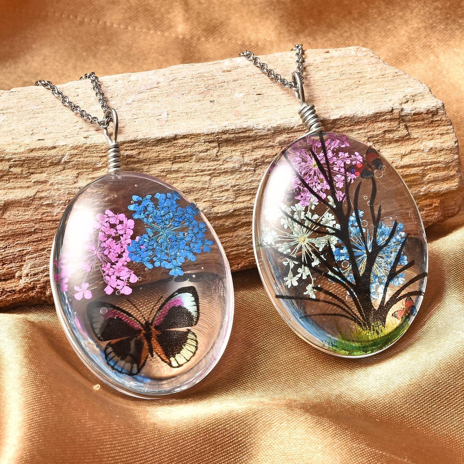 Chain of 2 Pendant Necklace Steel Set Size 24" (ButterflyOwlButterfly2)