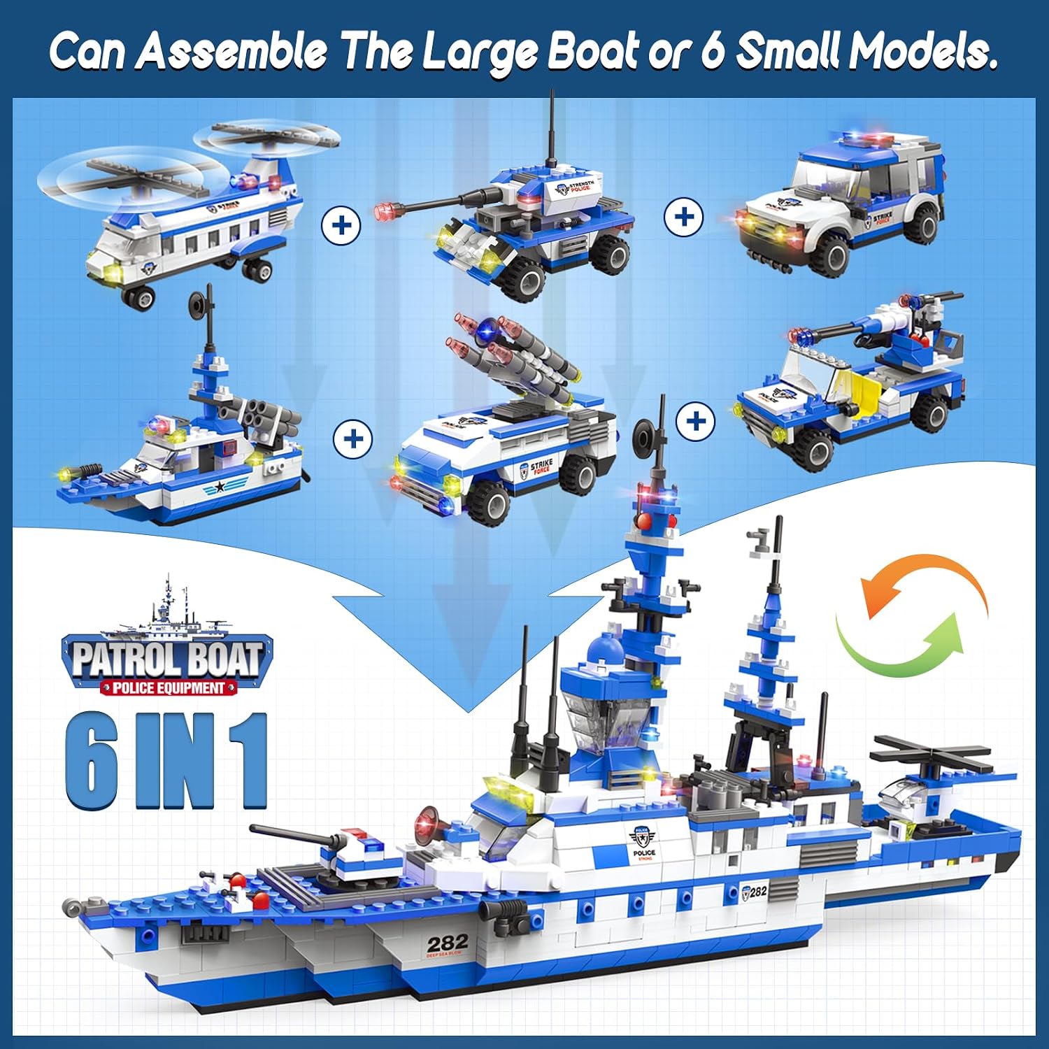 EP EXERCISE N PLAY City Police Set Battleship Building Toy, 1169 Pieces 6 in 1 Boat War Ship Block Set, Fun Toy Gift for Kids Boys & Girls Ages 6+