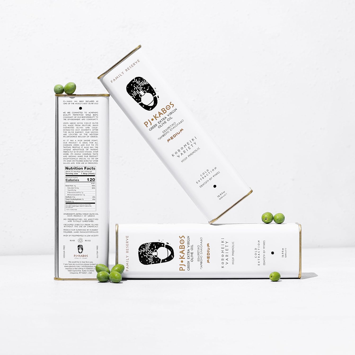 P.J. KABOS Fresh 2025/26 Harvest, High Phenolic (400+mg/kg), Natural Greek Extra Virgin Olive Oil, Kosher, Greece, Cold Extracted, 16.9 oz Tin, Koroneiki, "Family Reserve -Medium"