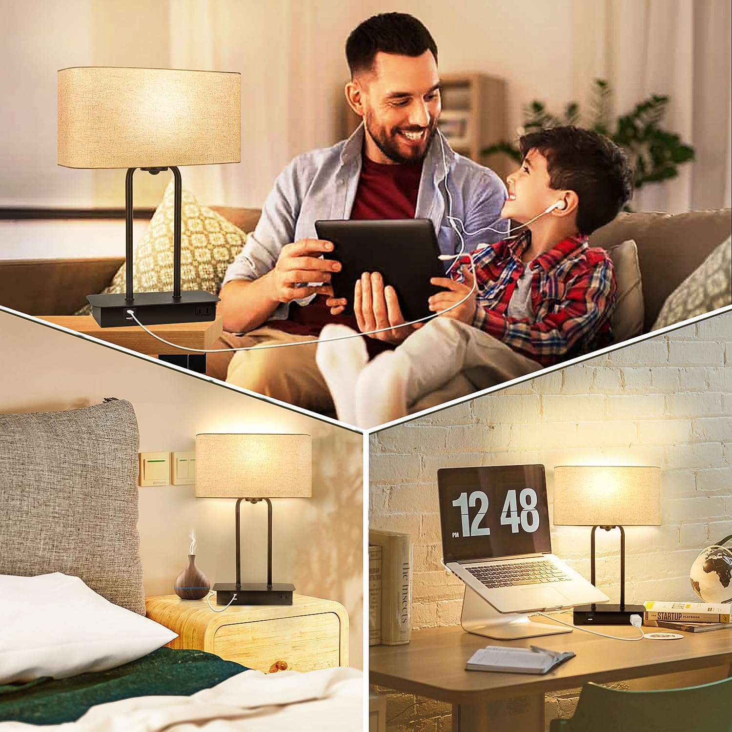 16’’ Table Lamp for Bedroom, Bedside Nightstand Lamp with LED Bulb | 3-Way Dimmable, Touch Control, 2 USB Charging Ports, AC Outlet, Modern Style