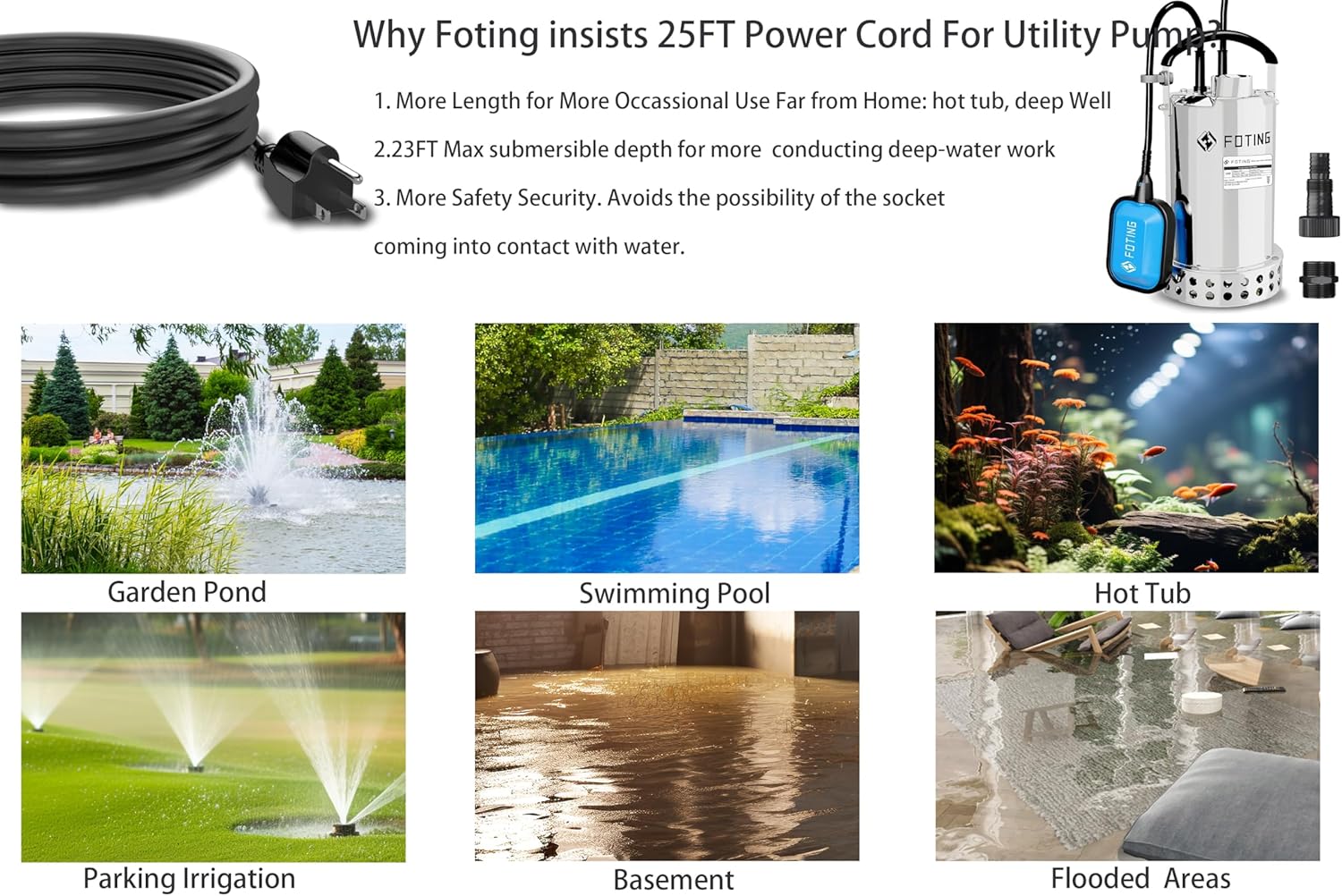 FOTING Full 304 Stainless Steel Sump Pump with Float Switch - 1HP 4600GPH Automatic Submersible Water Pump Fast Water Removal in Pools, Basements