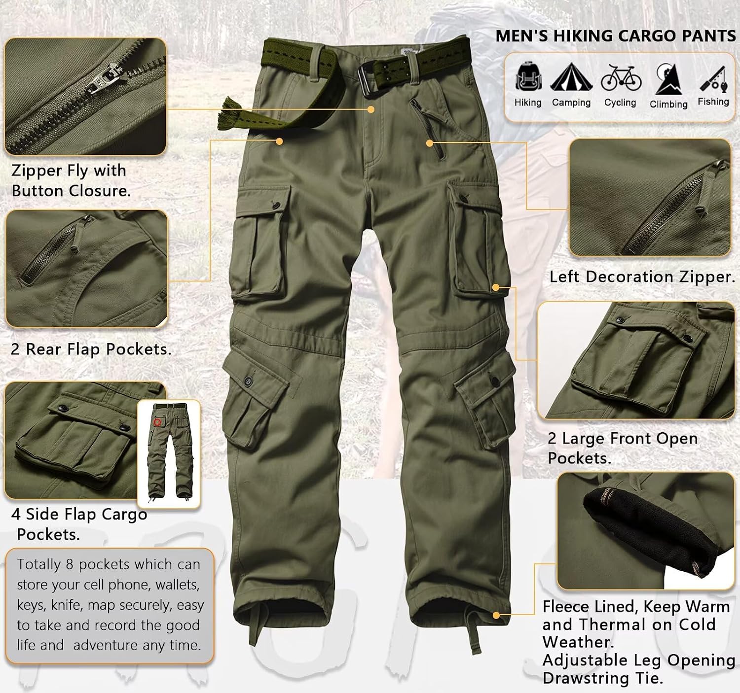 TRGPSG Men's Fleece Lined Hiking Cargo Pants