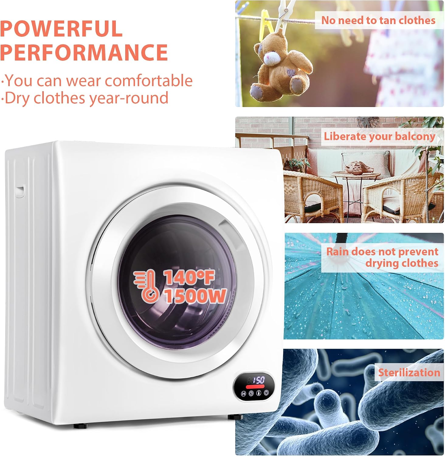 Euhomy Compact Laundry Dryer, 3.5 cu ft Front Load Stainless Steel Clothes Dryers With Exhaust Pipe, 1500W