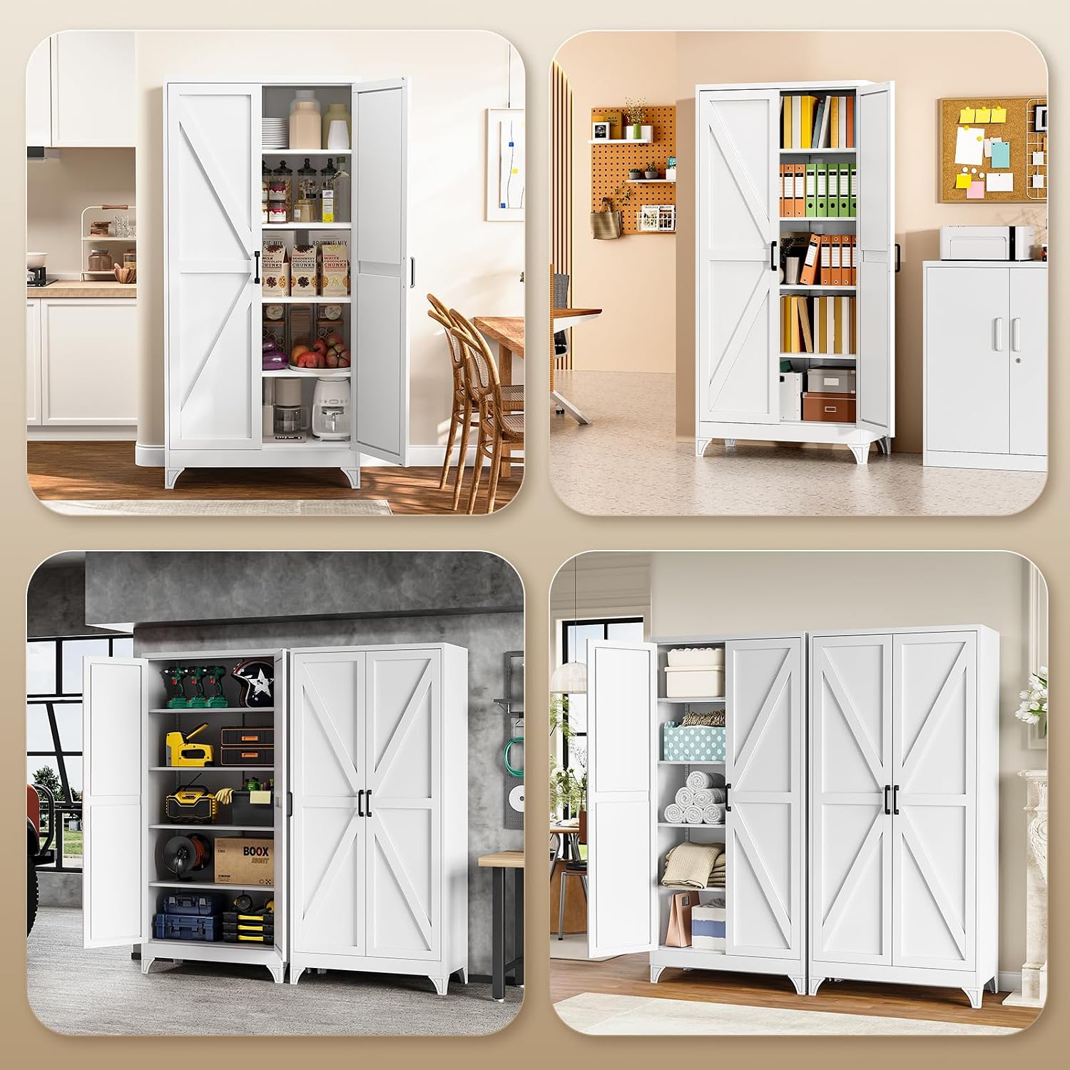 Metal Storage Cabinet with 2 Doors and 4 Adjustable Shelves - 61" White Kitchen Pantry Storage 5-Tier Tall Steel Cabinets Locker for Kitchen, Living Room, Dining Room