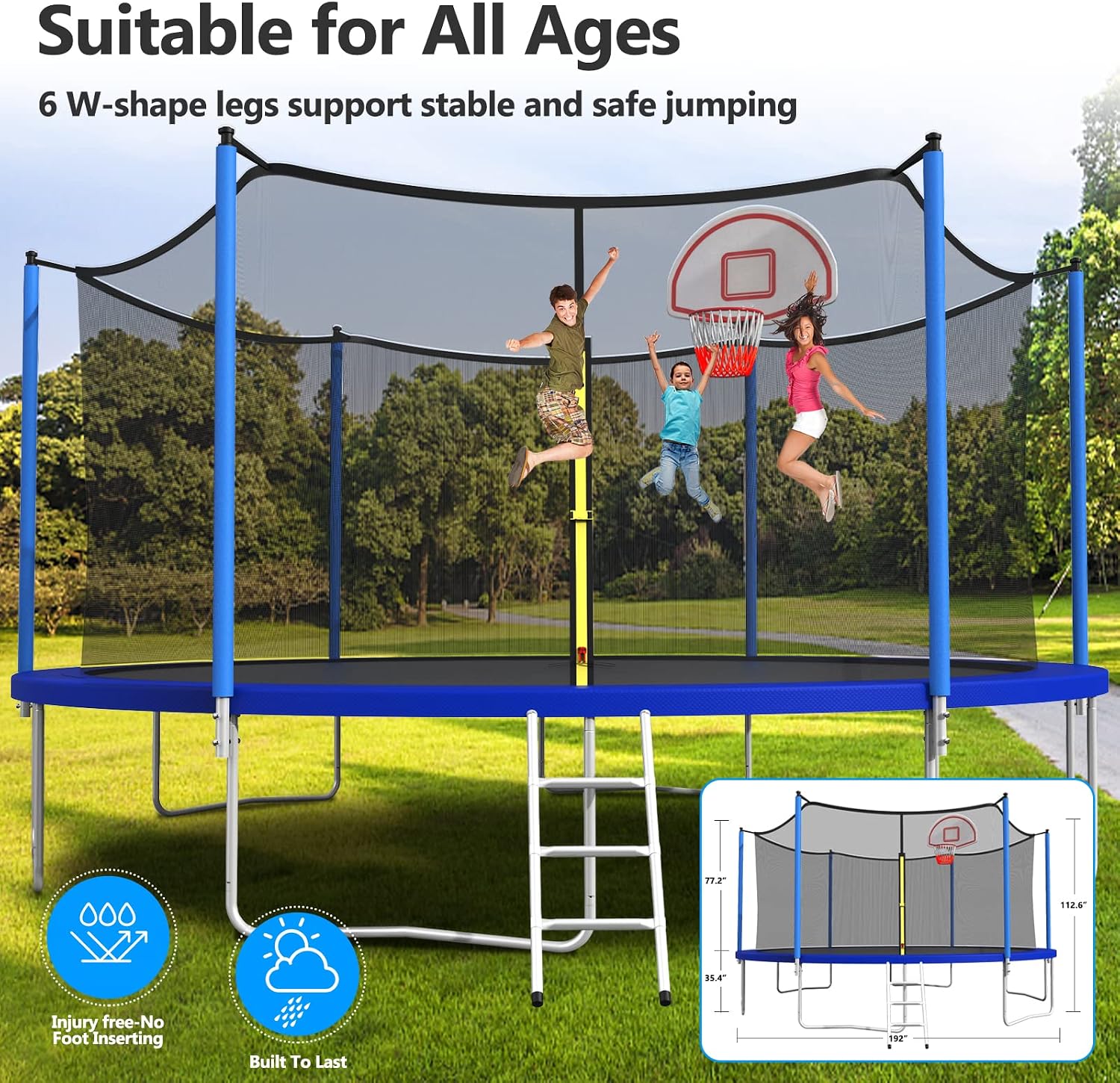 10 12 14 16FT Trampoline Outdoor, Light/Sprinkler/Basketball Hoop | Large Recreational Trampoline for Kids and Adults, Heavy Duty Yard Trampolines with Enclosure Net, ASTM Approval
