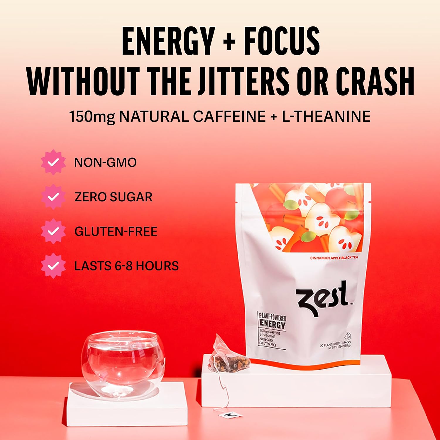 Zest Energy Green Tea – Pomegranate Mojito High Caffeine Tea Bags for Focus & Morning Energy – Natural Caffeinated Tea with 135mg Caffeine – Coffee Substitute – 20Ct Pack, Non-GMO & Keto Friendly