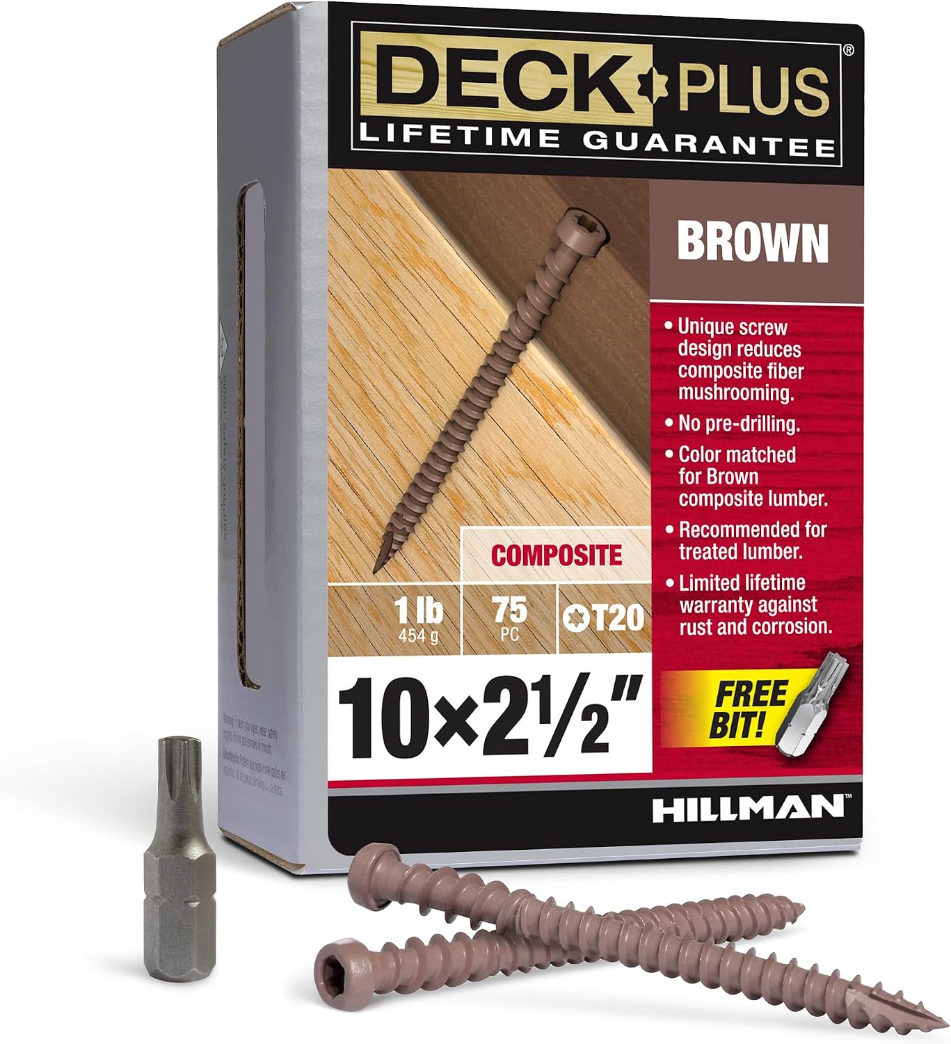 Deck Plus Composite Deck Screws, #10 x 2-1/2in, 1lb Box, 75 Pieces, Brown | Epoxy-coated steel, Star/torx drive with trap head