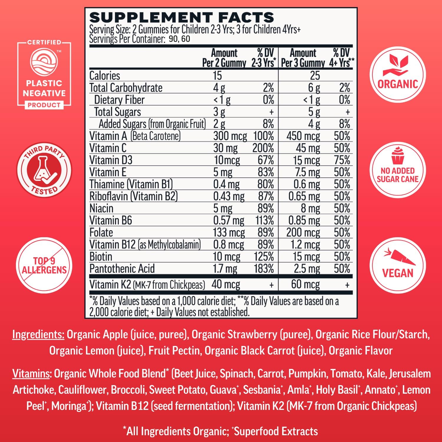 Llama Naturals Kids Multivitamin Gummies | Real Fruit, No Added Sugar Cane | Organic Vegan Toddler Whole Food Vitamins | Vitamin D, C & Beta Carotene Gummy Supplement | Cherry 90 Ct (1-2 Months)