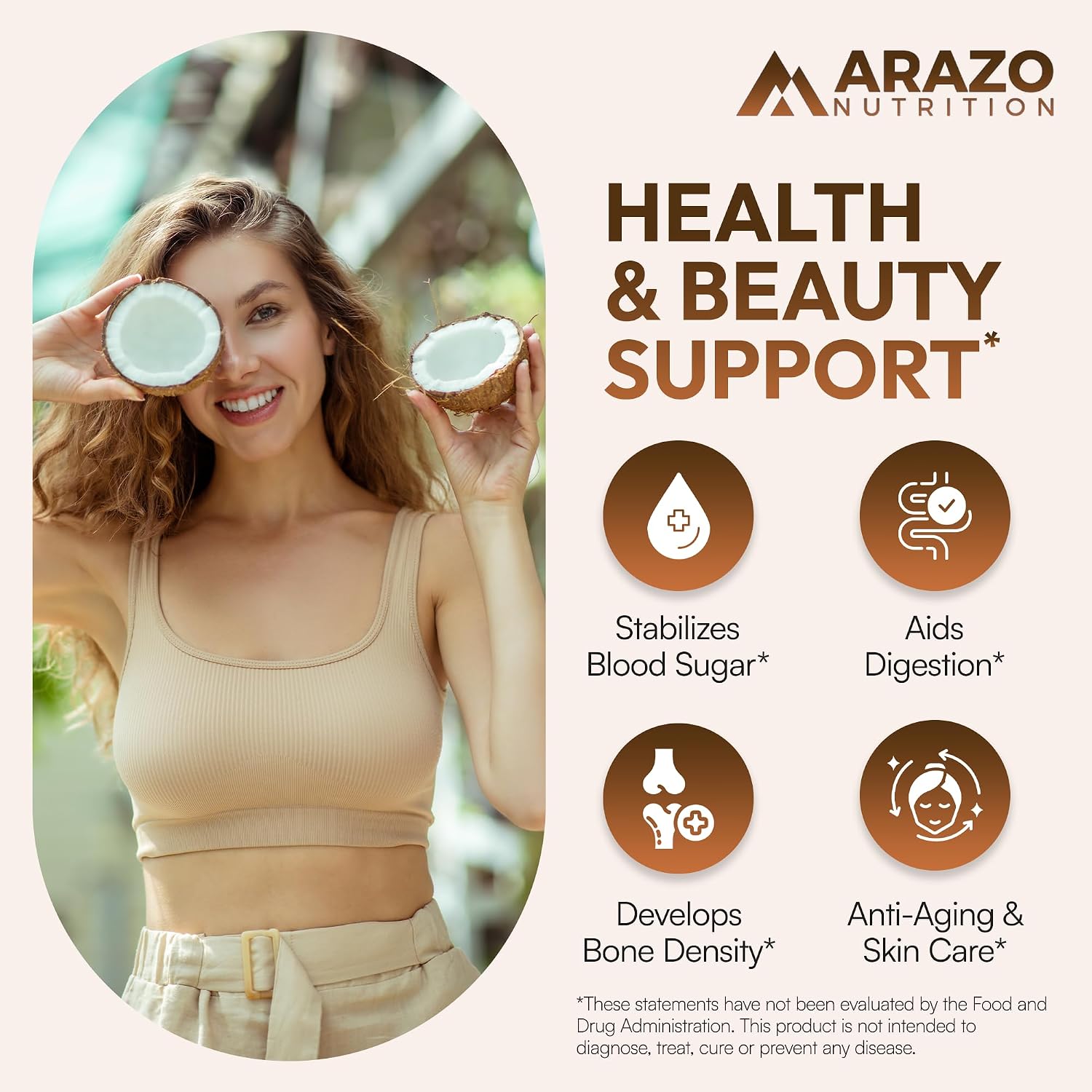 Arazo Nutrition Organic Coconut Oil 2000 MG Per Serving - 100% Extra Virgin Unrefined Cold Pressed for Weight Support, Skin, Hair, Nails - 120 Softgel Capsules