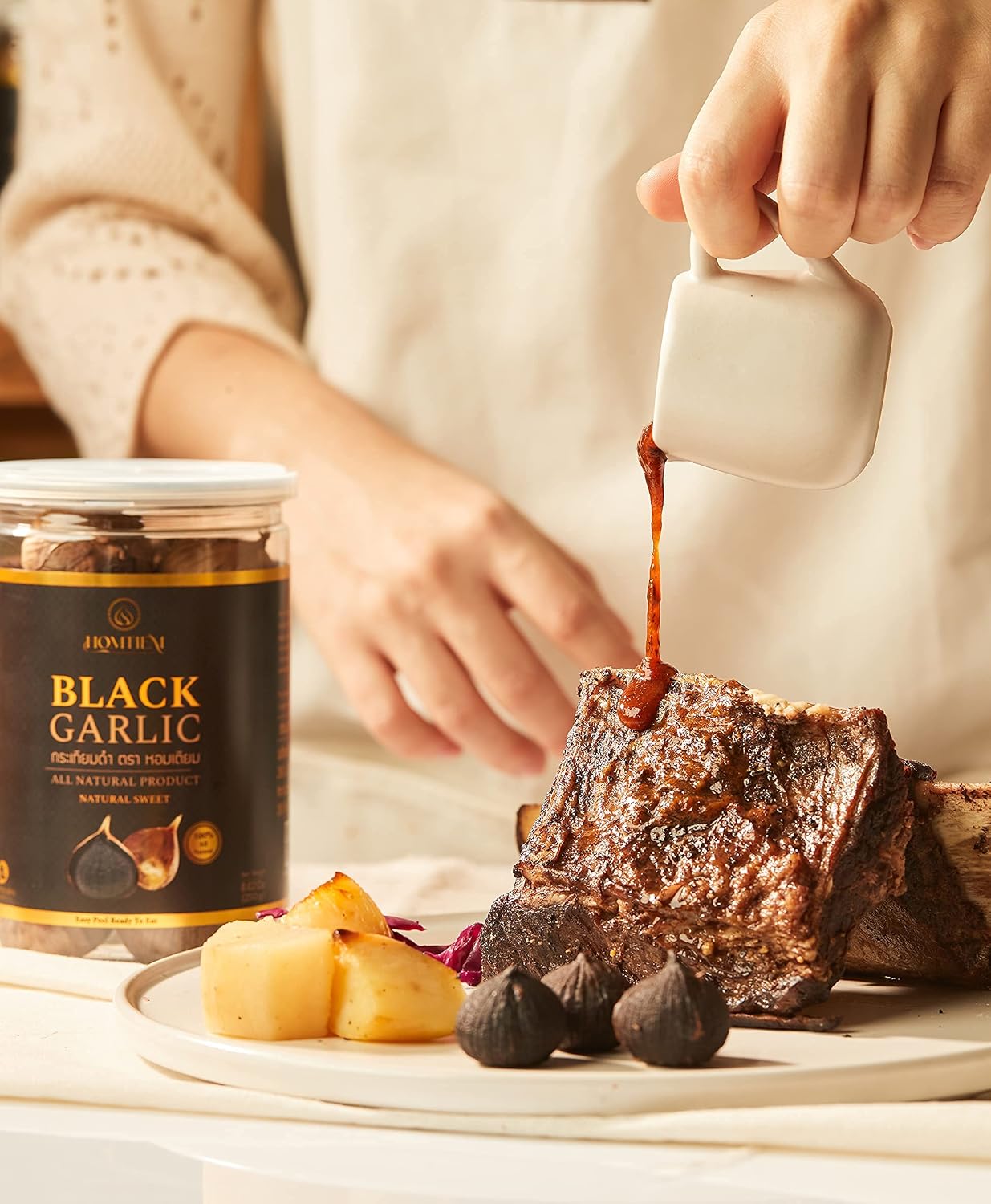 Homtiem Black Garlic Puree 150g. (Made from Solo Black Garlic 100%), Whole Black Garlic Fermented for 90 Days, Non-GMOs, High in Antioxidants