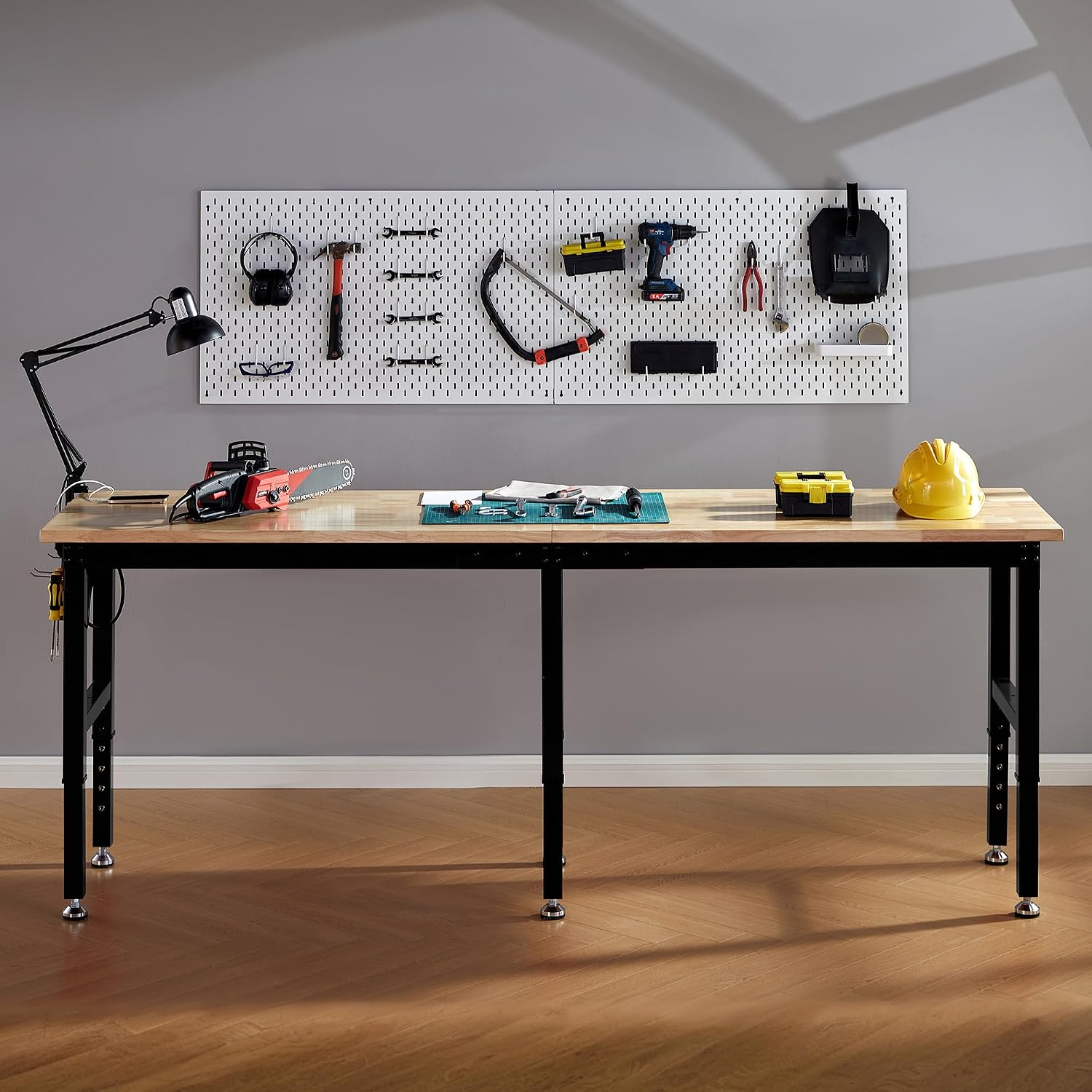 Albott 44 x 20-Inch Adjustable Workbench | 2000 Lbs Capacity, Solid Rubber Wood Top, Power Outlets and Hooks, for Garage, Workshop and Home Office, Black