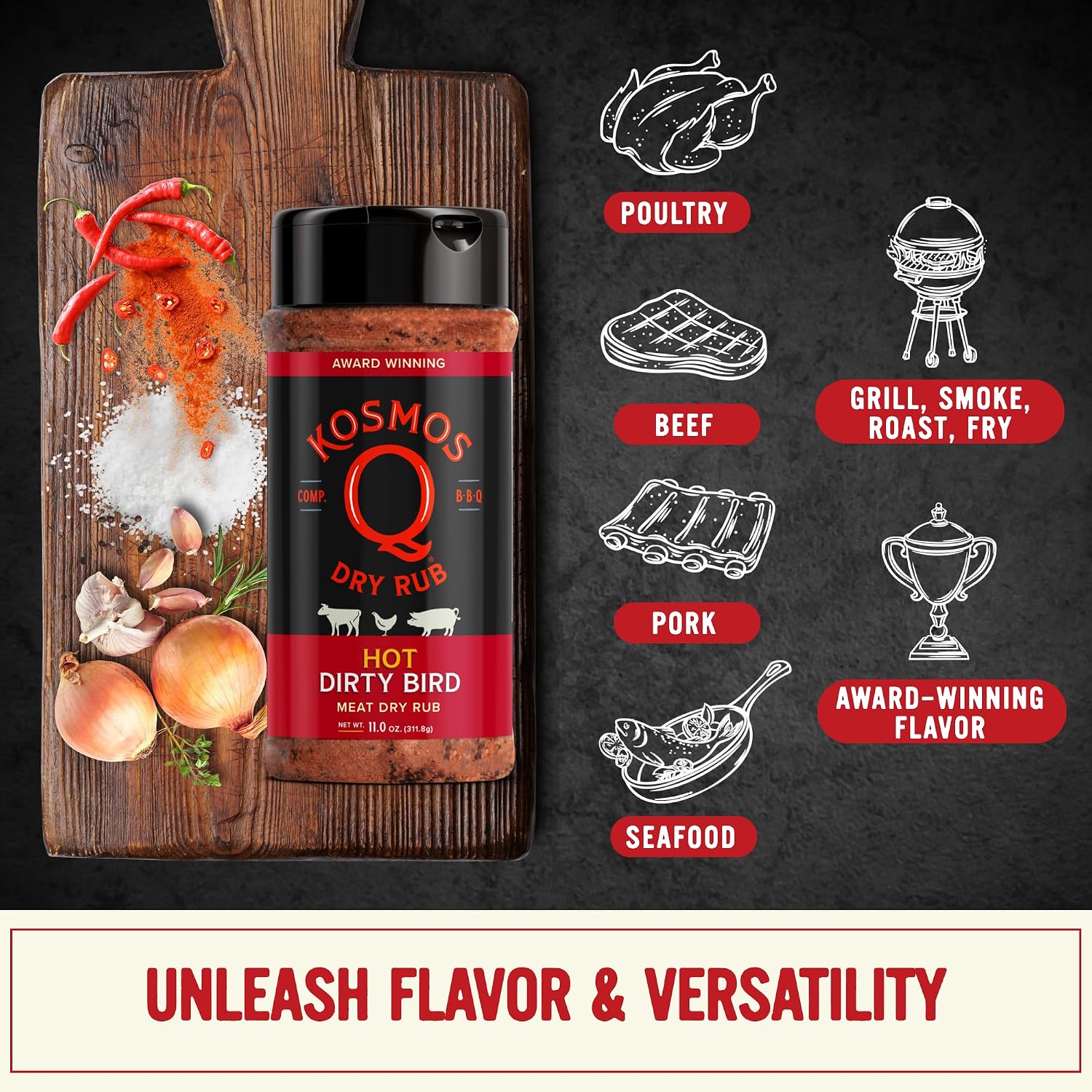 Kosmos Q Hot Dirty Bird BBQ Dry Rub, Spicy Seasoning with Chili Pepper, Brown Sugar, Garlic & Onion for Chicken, Turkey, Ribs, Pork, Dry Rub for Smoking & Grilling Meat, BBQ Spice Blend, 11 Oz Bag
