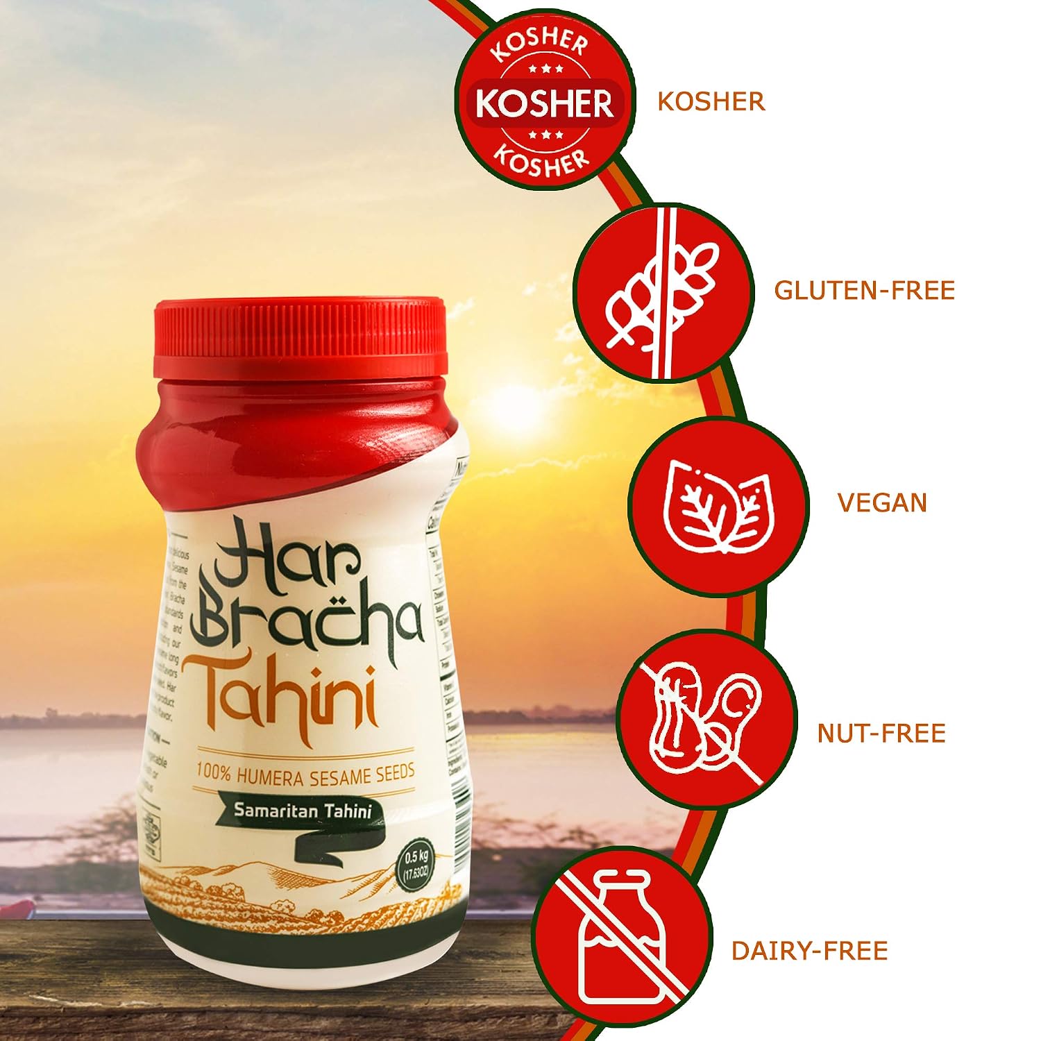 Har Bracha Tahini Paste (17.6 oz). 100% Natural, Vegan Friendly & Kosher Pure Ground Tahina Sauce. Raw Roasted Sesame Seeds for Oriental Dips