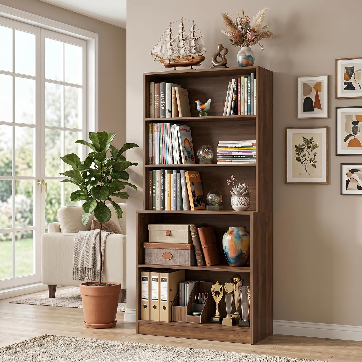 holzart 71" Tall Book Shelf, 5 Tier Large Bookshelf, Standing Wood Display Book Shelf for Living Room, Office, Library with Doors, 31.5" W x 70.87" H x 11.81" D, White
