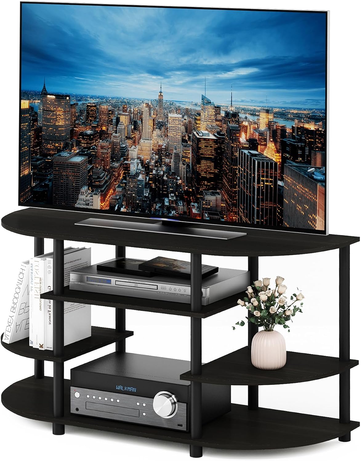 Furinno Turn-N-Tube No Tools Entertainment Center, Round Square Corner, French Oak Grey/Black | Raised Top, Open Shelves TV Console with for TV up to 32 Inch, for Living Room, Bedroom