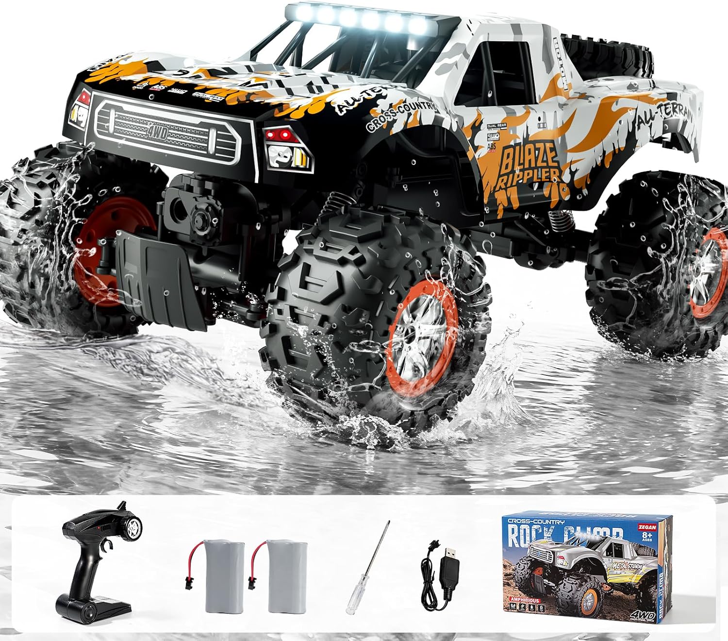 1:10 Amphibious Remote Control Car, 2.4 GHz Waterproof Monster Truck Toys RC Cars, 4WD All Terrain Off-Road Pickup RC Trucks, 2 Batteries 60Mins Play