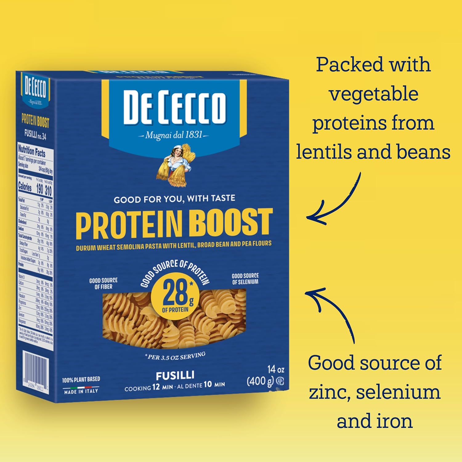 De Cecco Protein Boost Fusilli No. 34 Pasta, 14 Oz | High Protein Noodles, 28g Protein, Made with Durum Wheat, Lentils & Beans, Vegan, Versatile Pasta