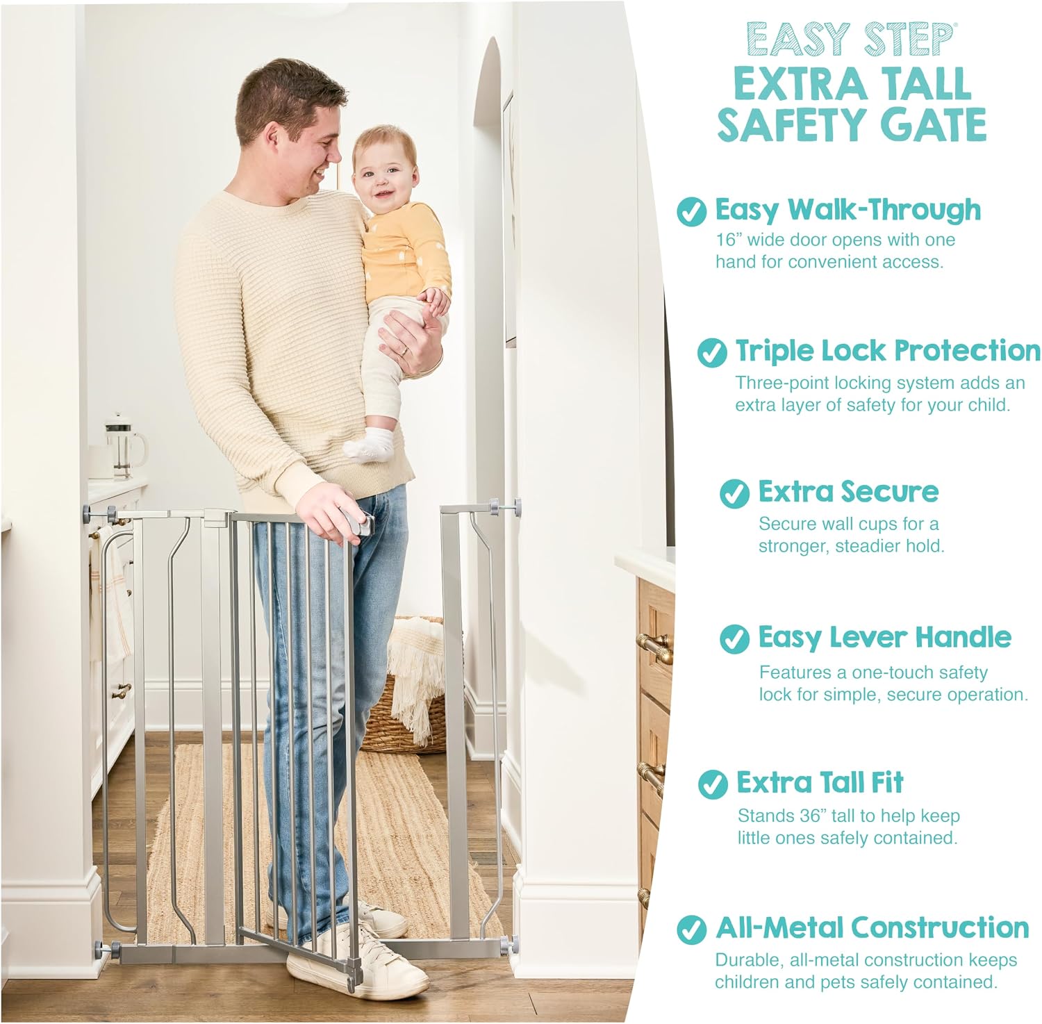 Regalo Safety 29"-49" Extra Wide Baby Gate, Bottom of Stairs & Doorways | Pressure Mounted with Door, For Babies, Toddlers & Pets, White, Tested & Trusted for 30 Years