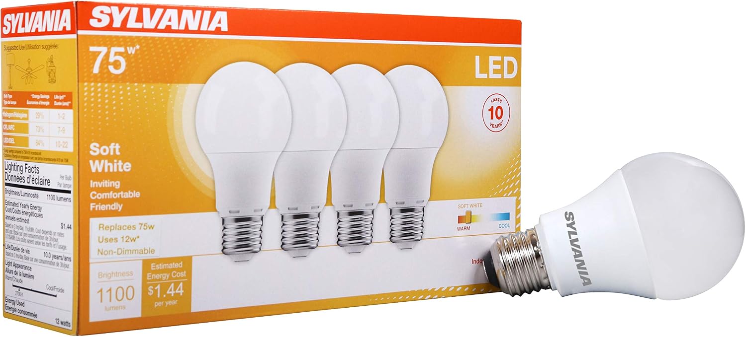 Sylvania LED A19 Light Bulb, 100W = 14W, Non-Dimmable, Frosted Finish, 1500 Lumens, 2700K, Soft White - 4 Pack (78101)