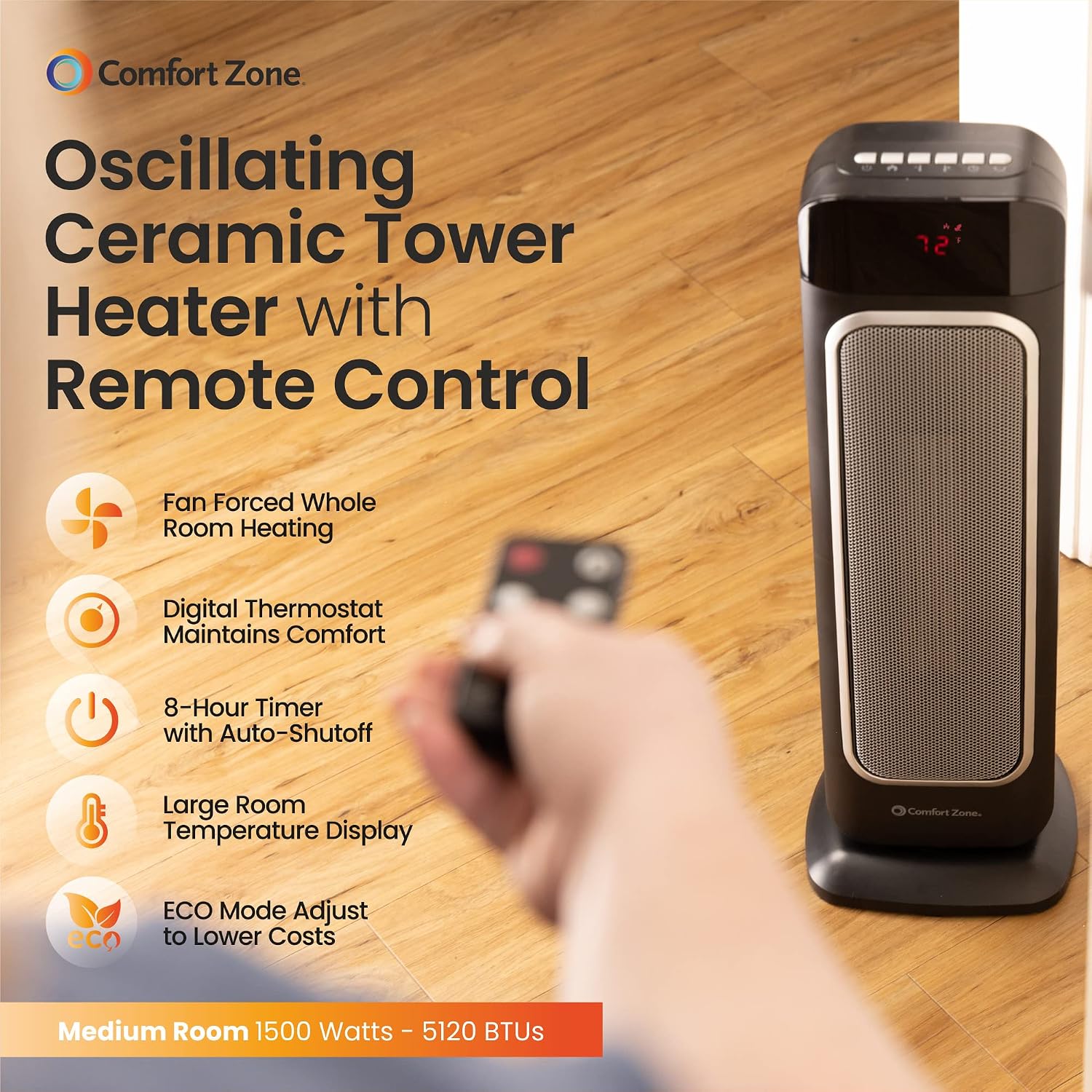 Comfort Zone Electric 24" Oscillating Digital Tower Space Heater with Full Function Remote, Adjustable Thermostat, and Overheat Protection