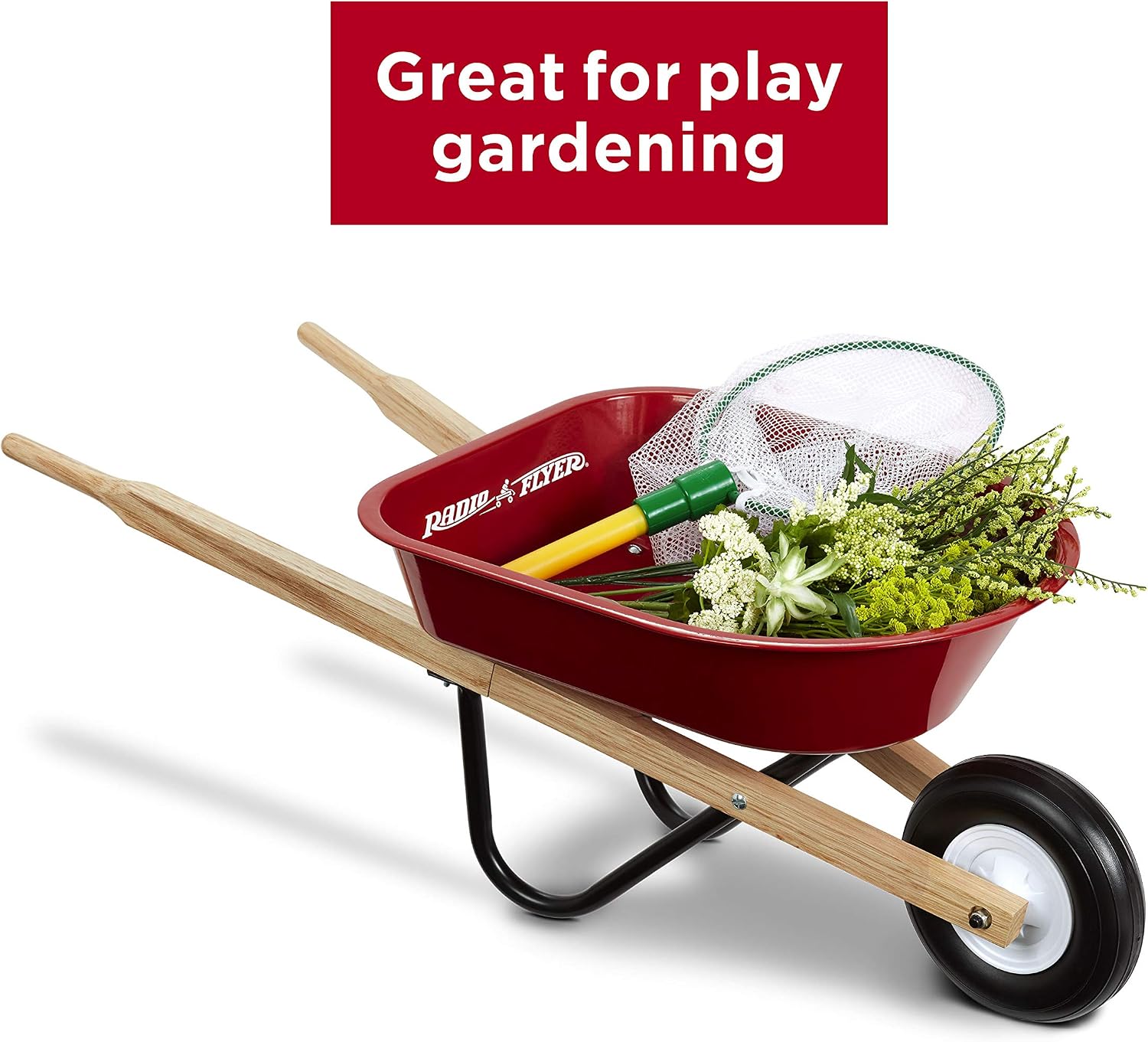 Radio Flyer Classic Kids Wheelbarrow, For Kids 3+, Seamless Steel Tray with No-Scratch Edges, Real Wooden Handles, Durable Front Wheel