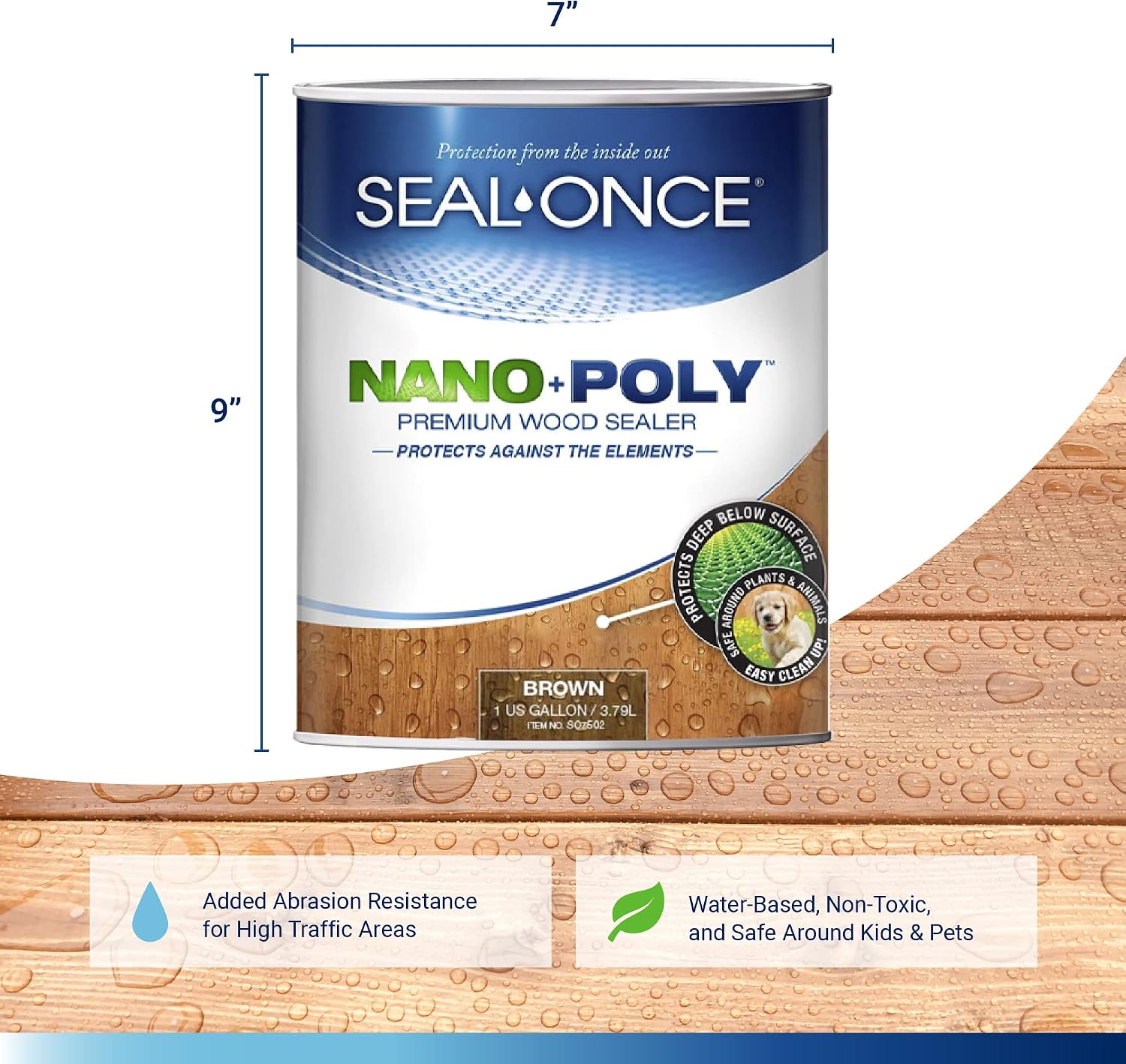 Seal-Once Nano+Poly Wood Sealer and Waterproofer, Clear, 1 Gallon | With Polyurethane, Water-based, Low-VOC, Waterproofer & Stain, For Decks, Fences & Log Homes