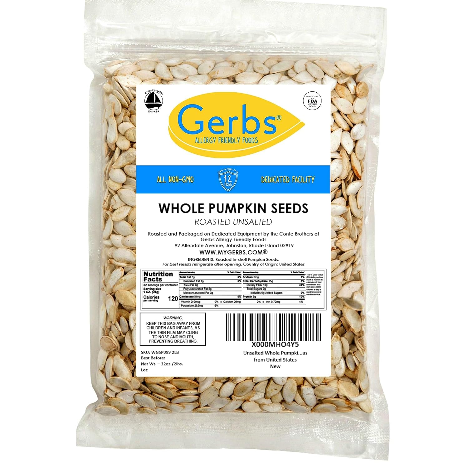 Gerbs Raw Whole Pumpkin Seeds 2 lbs. | In-Shell, 10.5 mm Size, Resealable Bag | Mildly Nutty & Crunchy | Top 14 Allergen-Free