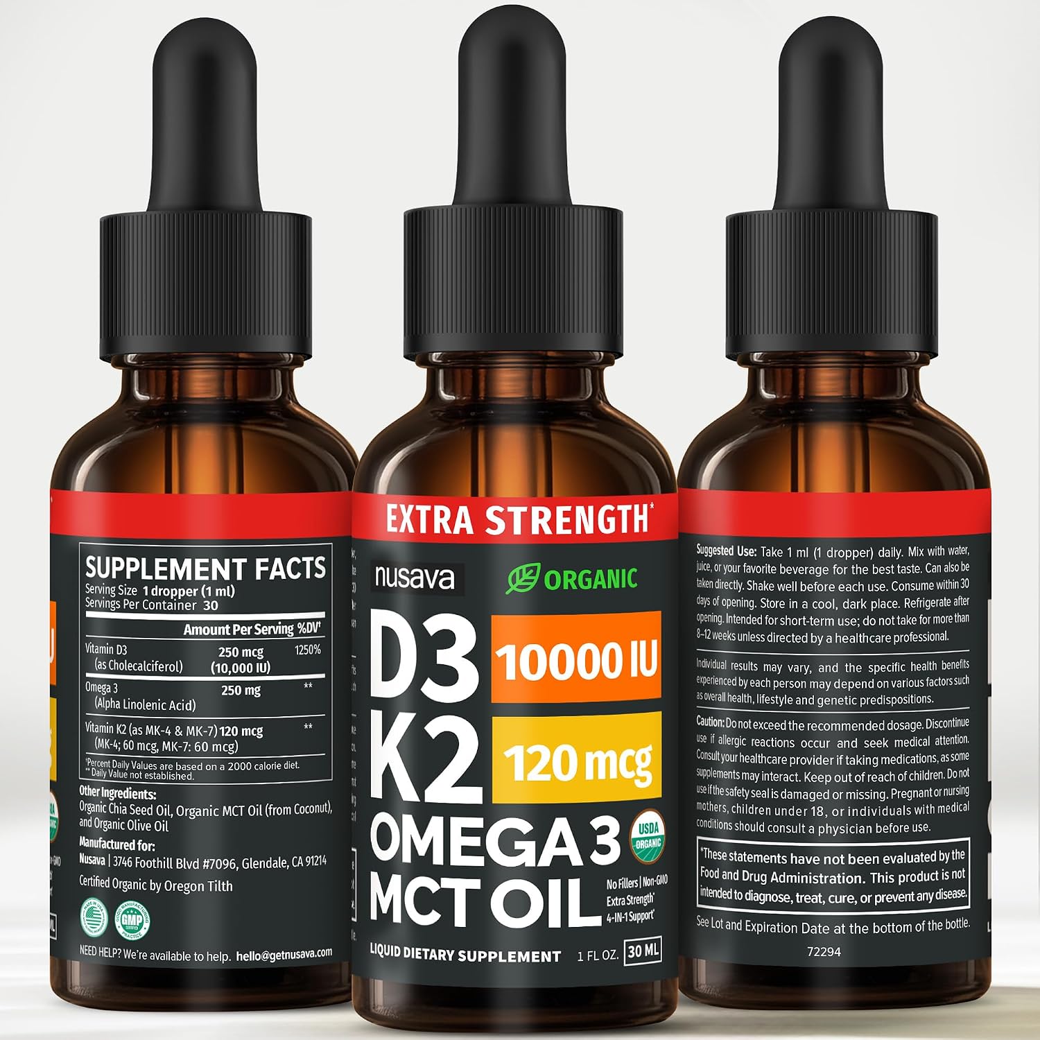 Nusava Organic Vitamin D3 K2 Drops with MCT Oil, Unflavored, Pack of 2