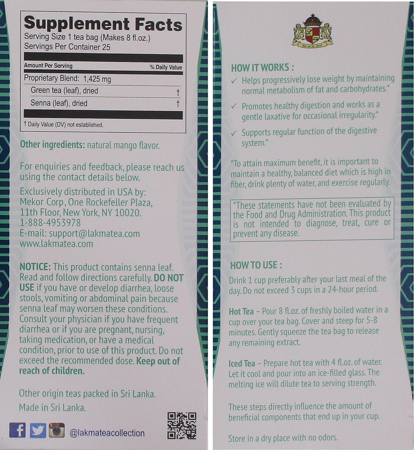 HYLEYS Lakma 14 Day Weight Loss Kit Green Tea - 42 Tea Bags