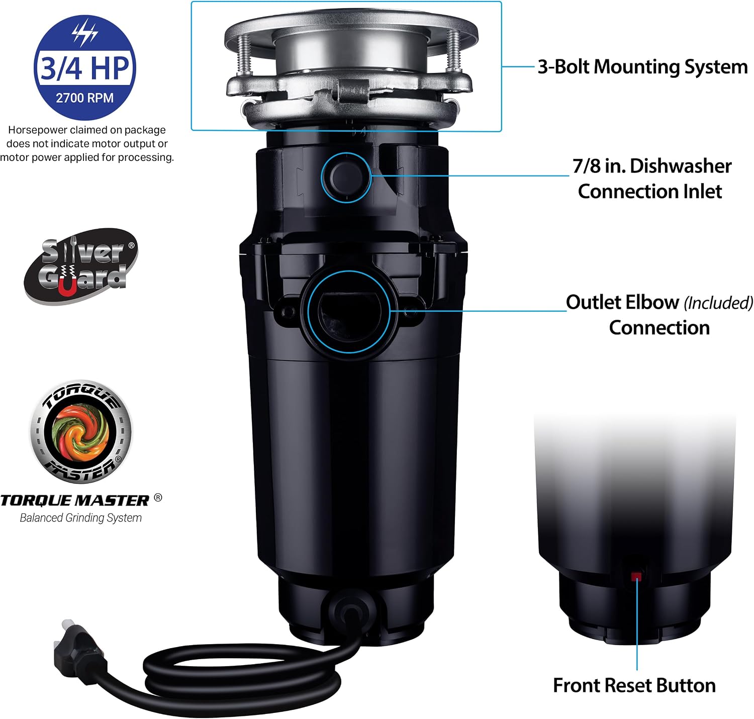 Waste Maid Garbage Disposal, Anti-Jam, Continuous Feed, 1/2 HP Standard | Anti-Jam Stainless Steel Food Waste Grinding System, Quiet Continuous Feed, Easy 3-Bolt Mount, 8-Yr Warranty 10-US-WM-158-3B