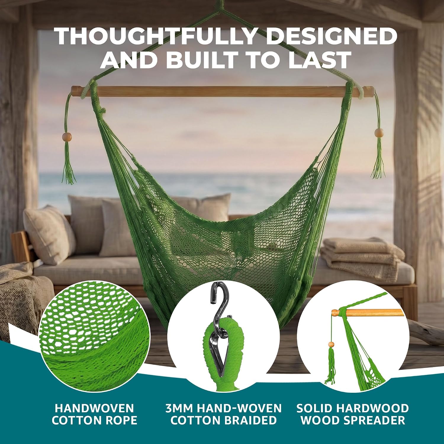 Bliss Hammocks BHC-412NT Island Rope Hammock Chair, Eco Friendly & Hand Woven, Varnish Coated 40 Inch Wood Spreader, Easy to Hang w/Included Hanging Kit, Supports up to 265 pounds, Natural Rope