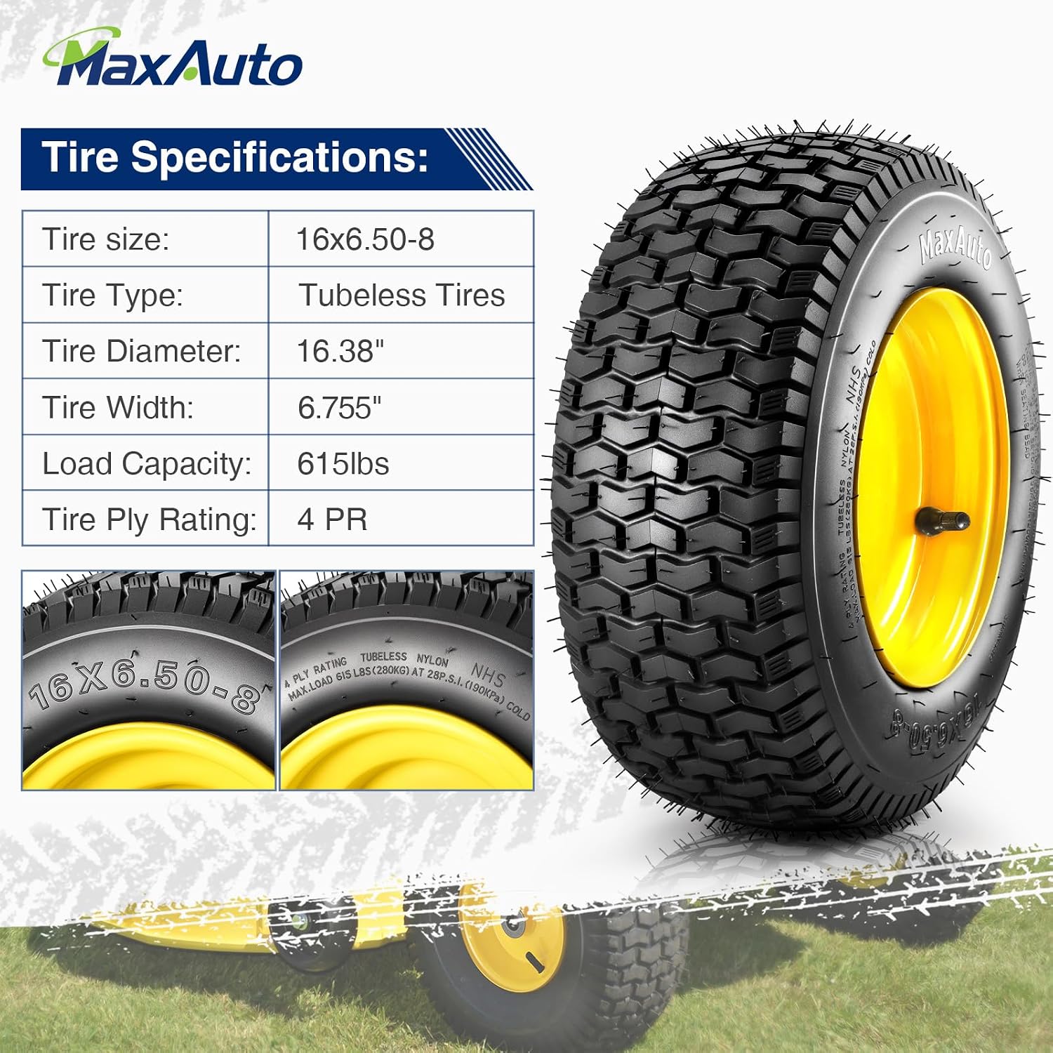 MaxAuto 2Pcs 16x6.50-8 Pneumatic Tire and Wheels,3" Offset Hub,3/4"Bearings