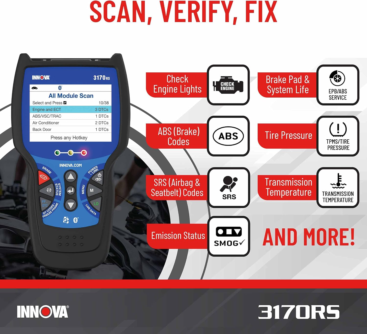 INNOVA 3170RS OBD1 & OBD2 Scanner, ABS Bleeder Scan Tool, OBD2 Diagnostic, Caliper Service, Brake Pad Life, Read/Erase ABS/SRS Codes, Reset Oil Light