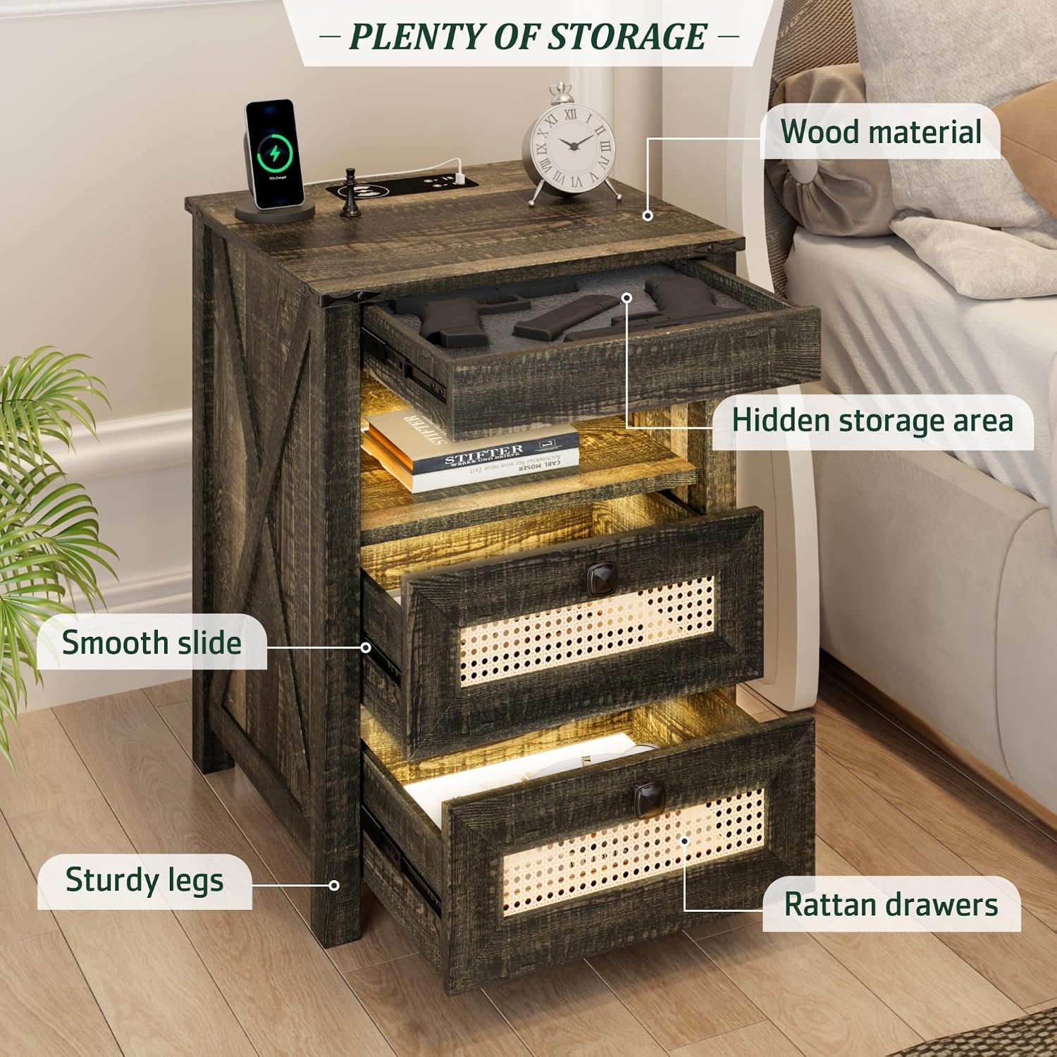 LED Night Stand with Gun Drawer & Charging Station | Human Sensor Lights, Hidden Storage, Farmhouse Rattan Style, 3 Drawers, Bedside Table for Bedroom, End Tables Livingroom