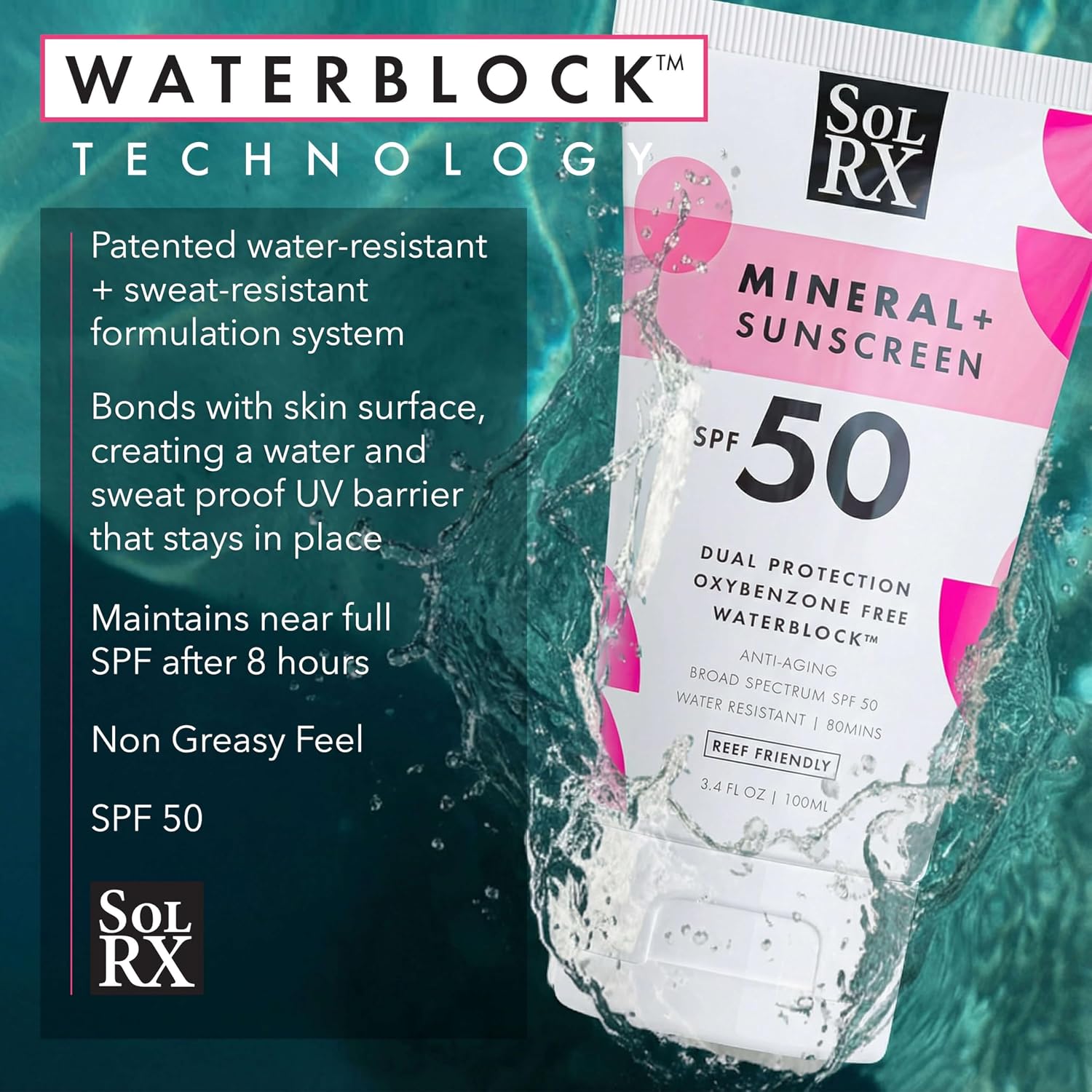 SolRX MINERAL+ SPF 50 Zinc Oxide Sunscreen, Reef Safe Face & Body | Designed For Healthy Outdoor Lives, Perfect For Running, Swimming, Cycling