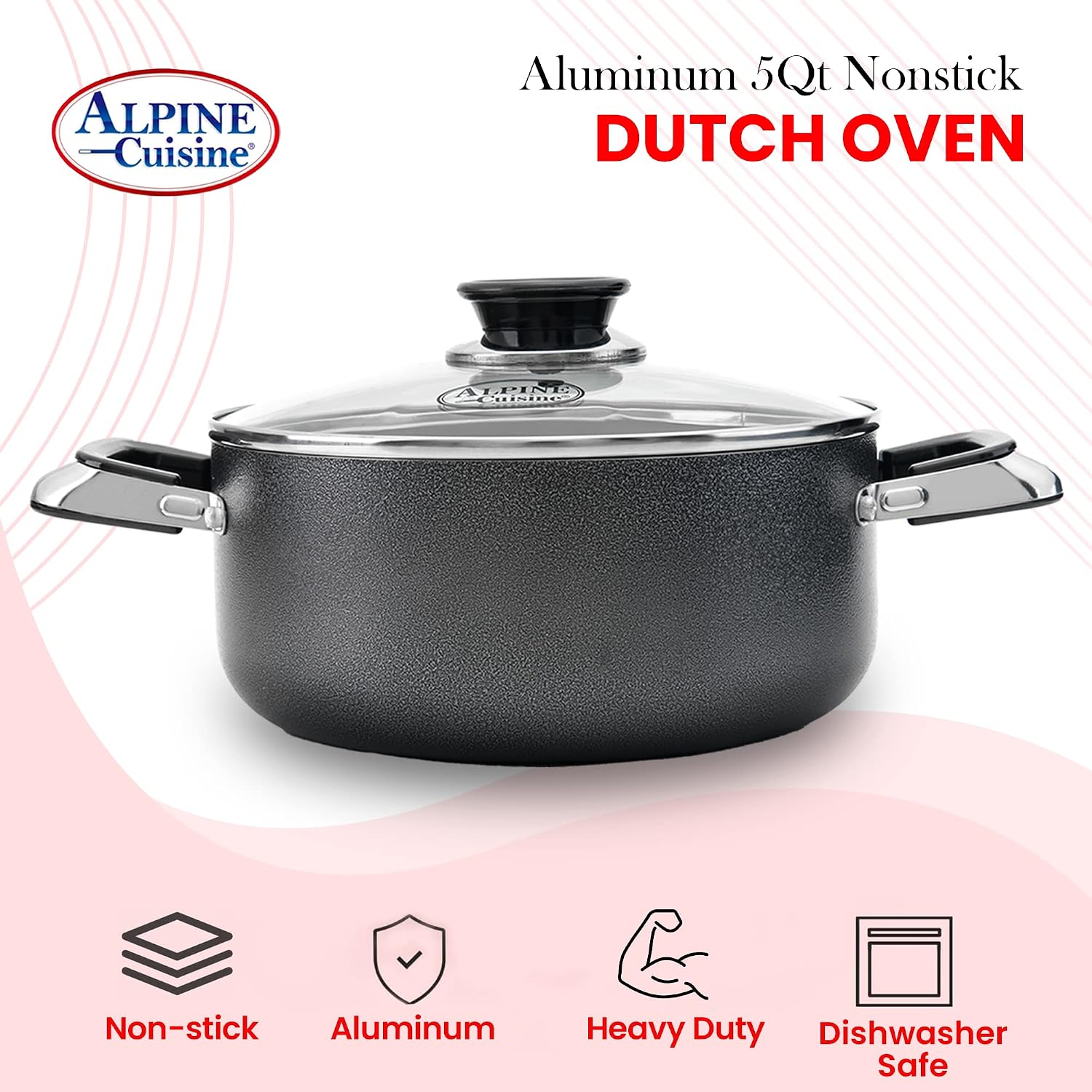 Alpine Cuisine 4 Quart Non-stick Stock Pot with Tempered Glass Lid and Carrying Handles, Multi-Purpose Cookware Aluminum Dutch Oven for Braising, Boiling, Stewing