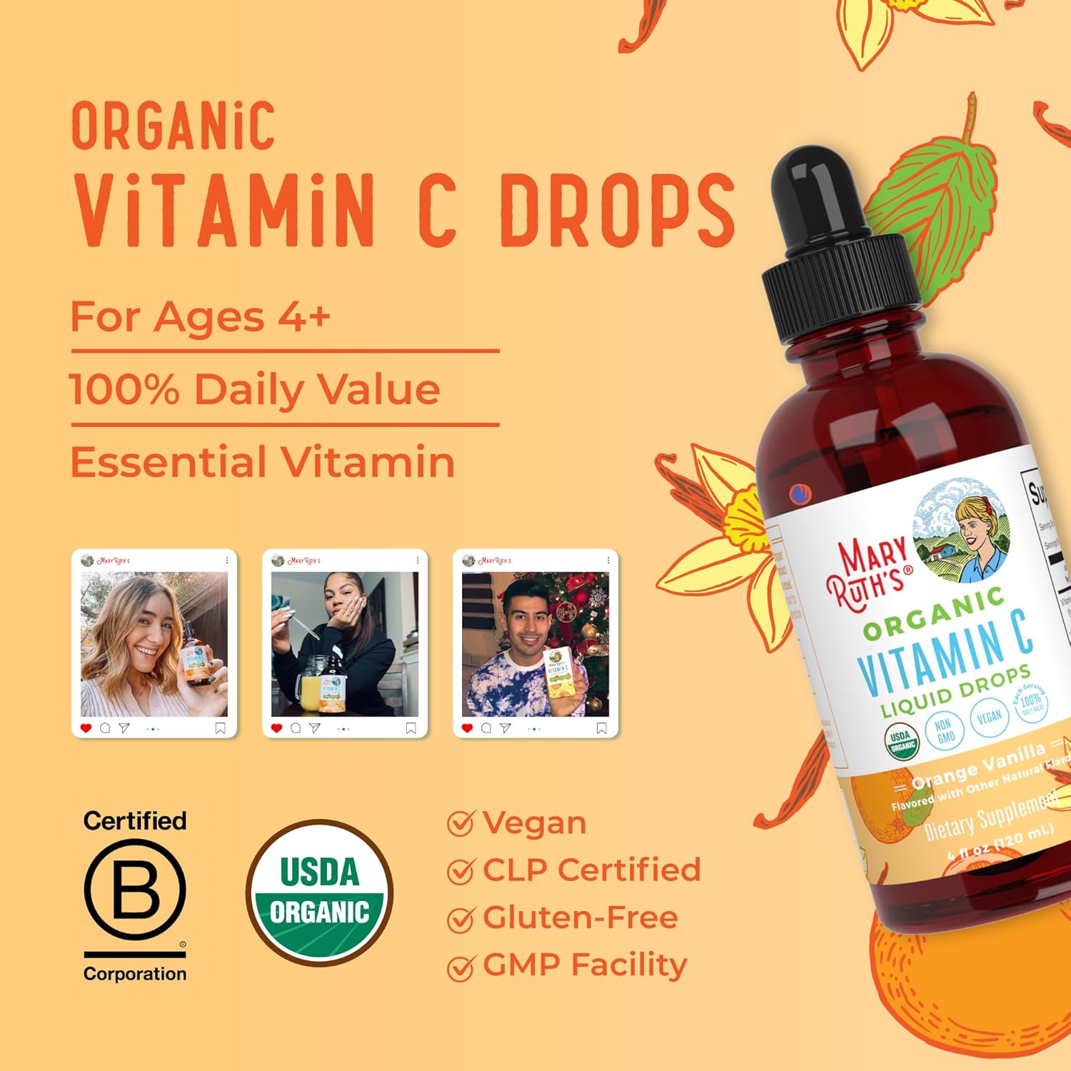 MARYRUTH'S Organic Vitamin C Supplement | Liquid Vitamin C Liquid Drops for Adults & Kids | Immune Support Supplement for Overall Health | Vegan
