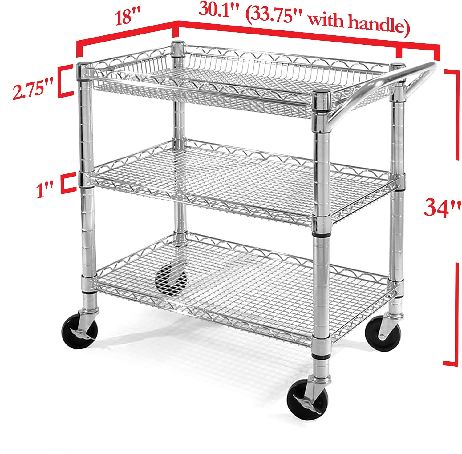 Seville Classics UltraDurable NSF Commercial Heavy Duty Metal Rolling Utility Cart, w/ Steel Shelves, Handle Bar for Restaurant, Garage, Warehouse, Kitchen, Office, Top Shelf (36"W x 18"D)
