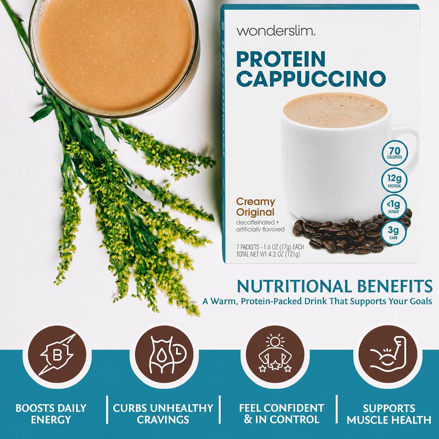 Wonderslim Protein Coffee Drink Mix with Casein Protein – 7 ct (Cappuccino) | With Collagen, 12g Protein, 70 Calories, Low Sugar, 3g Net Carbs, Keto Friendly, Gluten Free, GLP-1 Friendly Coffee Drink Mix