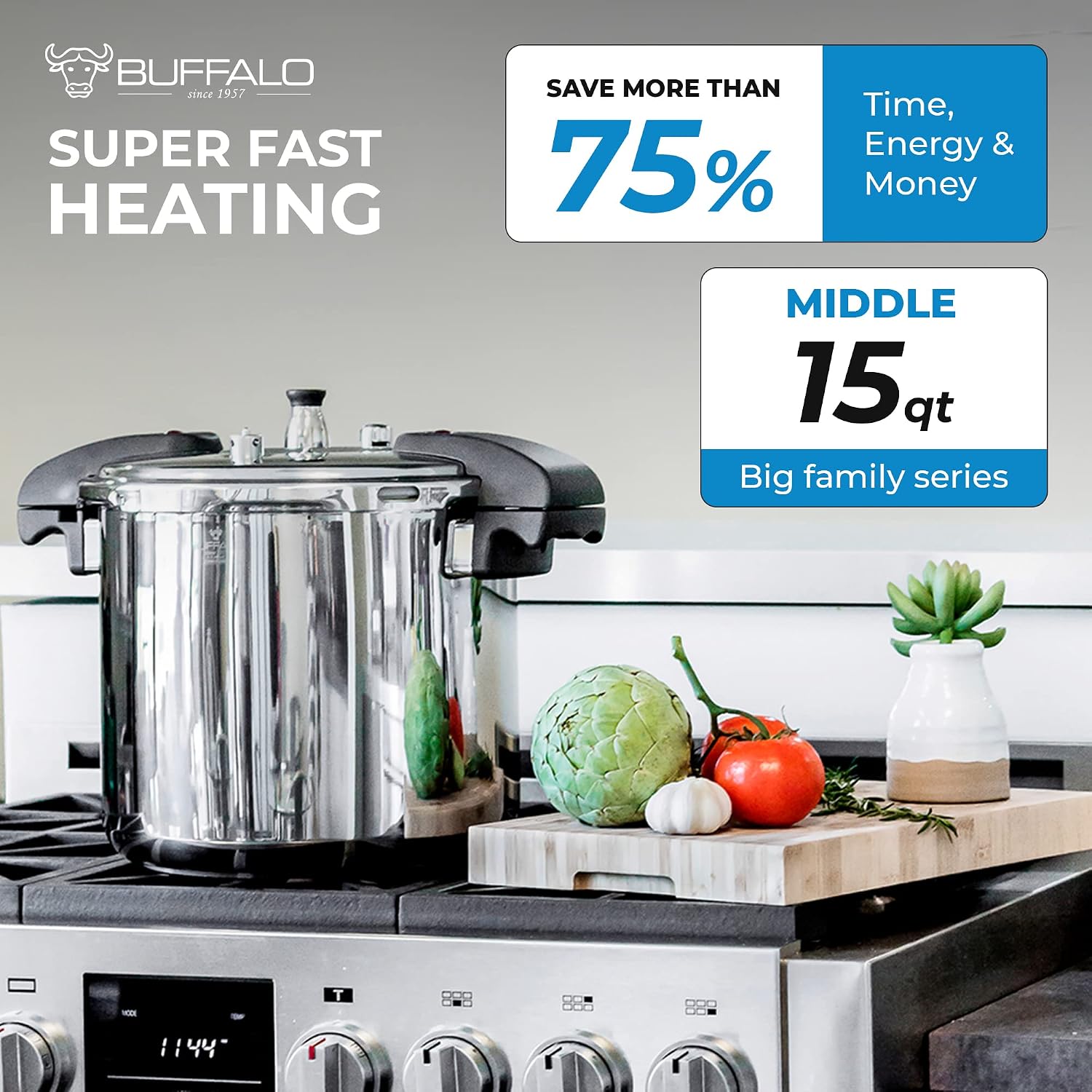 Buffalo 15 Qt Pressure Cooker Stainless Steel - Large Stove Top Canner | 15 Quart Pressure Canners for Canning - Easy to Clean Pressure Canning Pot with Lid - Can Cooker - QCP415