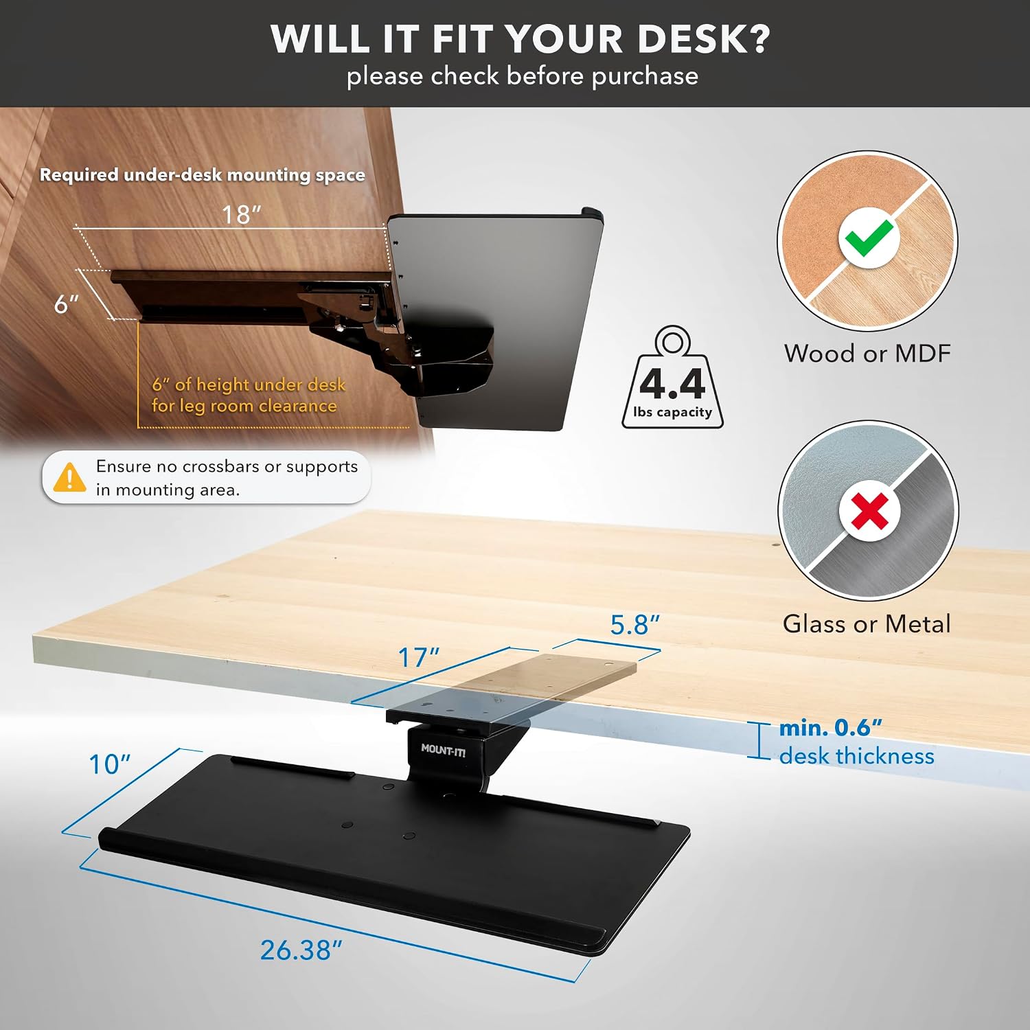 Mount-It! Under Desk Keyboard Tray, Adjustable Slide-Out Keyboard & Mouse Platform, 26.38" W × 10" D, Ergonomic Wrist Rest, Height Tilt & Swivel