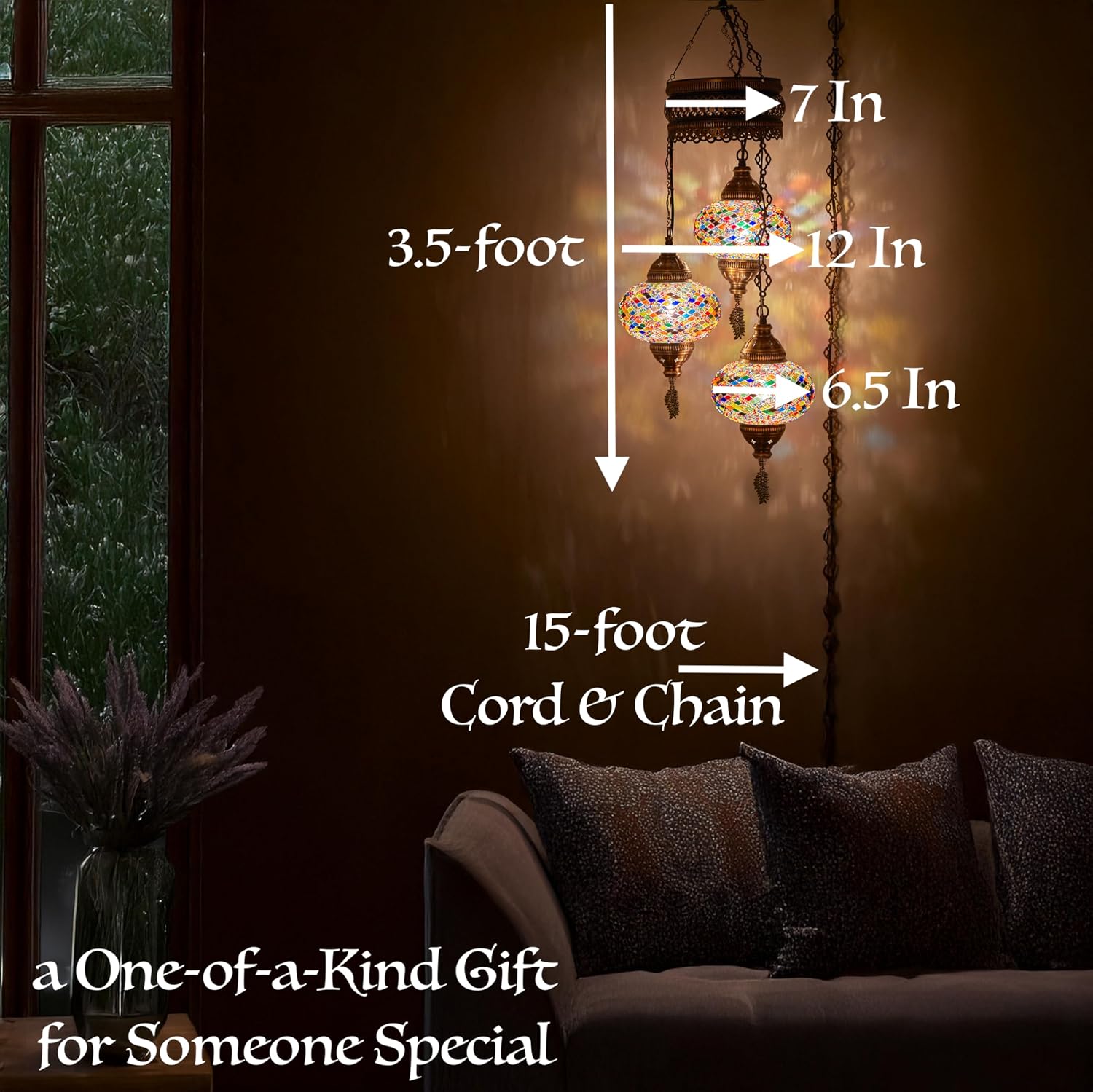 DEMMEX 3-Large 7'' Globes Turkish Moroccan Mosaic Plug-in Chandelier - Handmade Pendant Light Fixture with 15-ft Cord & Chain