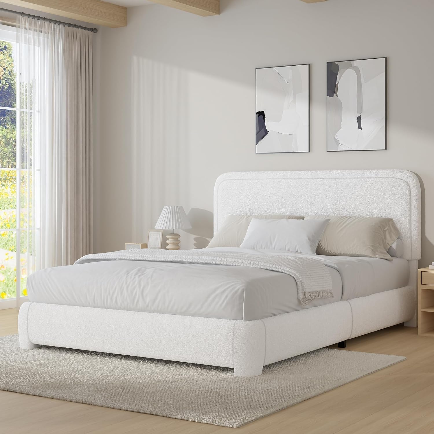 BarnFurin Full Bed Frame, Cloud Boucle Headboard, Rounded Corners, White | Soft boucle and rounded edges create a low-profile cloud look. Wooden slats support the mattress without a box spring