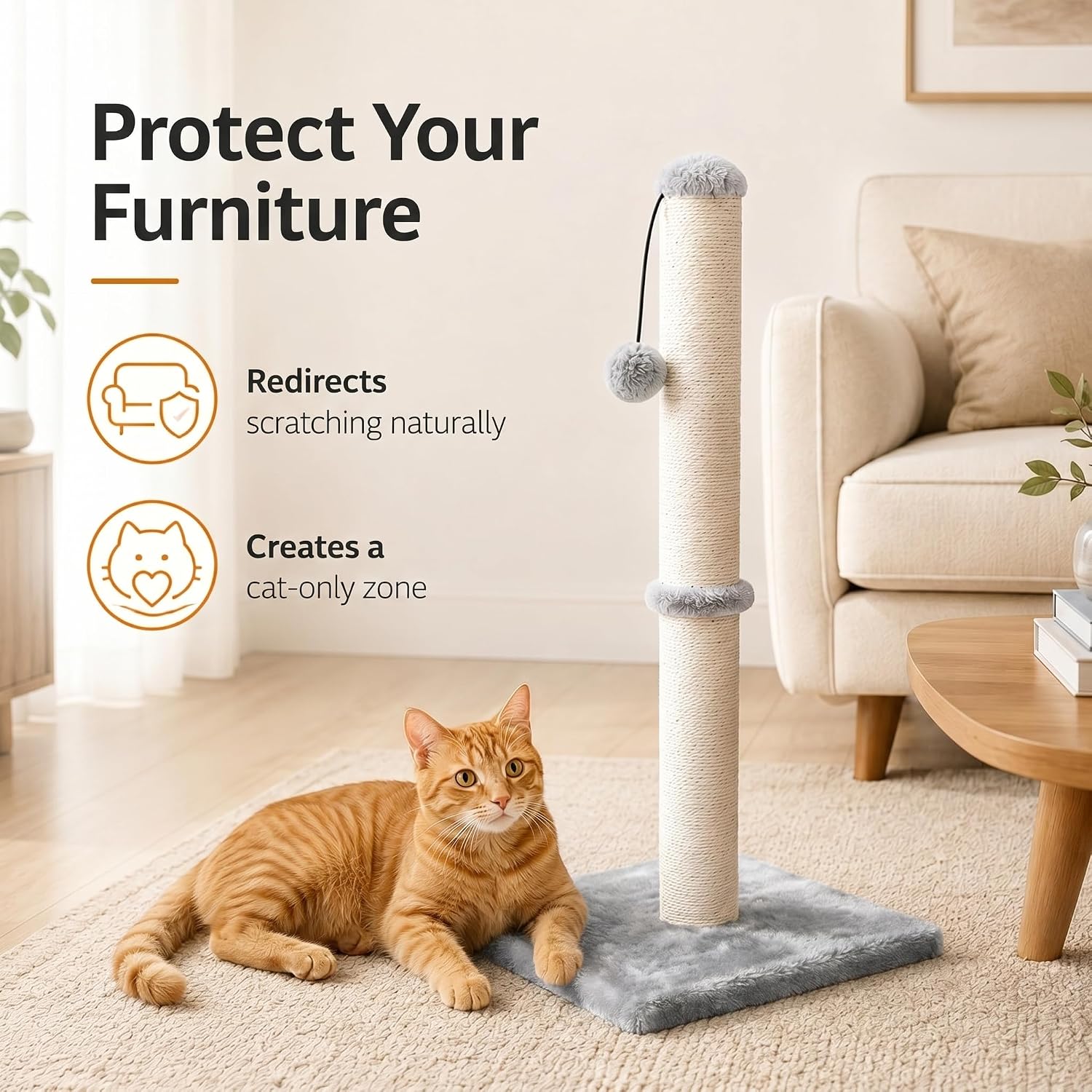Dimaka 29" Height Tall Cat Scratching Post, Claw Scratcher with Sisal Rope and Covered with Soft Smooth Plush, Vertical Scratch [Full Strectch] for Standard Size Cats(Grey, 29 inches for All Cats)